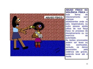 ABUSO FÍSICO OU
               VIOLÊNCIA FÍSICA é
               toda      forma     de
ABUSO FÍSICO   relacionamento     com
               crianças              e
               adolescentes onde os
               pais, responsáveis, ou
               outra pessoa adulta
               utiliza de sua força
               física no processo de
               disciplinamento ou no
               exercício           da
               autoridade.
               As lesões provocadas
               podem ser leves ou
               mais        acentuadas,
           a   contudo, os danos
        zi     provocados         pela
      Lu 9
          0
       20      violência são graves,
               podendo levar até à
               morte.


                                    16
 
