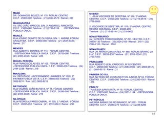MAGÉ                                                            NITERÓI
DR. DOMINGOS BELIZZI, Nº 178. FORUM. CENTRO                     1 - RUA VISCONDE DE SEPETIBA, Nº 519, 2º ANDAR.
C.E.P.: 25900-000 Telefone : (21) 2633-2575 / Ramal : 237       CENTRO. C.E.P.: 24020-206 Telefone : (21) 2716-9519 / (21)
                                                                2716-9000
MANGARATIBA
AV. SÃO JOÃO MARCOS, S/N, 3º.ANDAR EL RANCHITO                  2- VISCONDE DE SEPETIBA, Nº 519, 2º ANDAR. CENTRO.
C.E.P.: 23860-000 Telefone : (21) 2789-8159 DEFENSORIA          REGIÃO OCEÂNICA. C.E.P.: 24020-206
PÚBLICA ÚNICA .                                                 Telefone : (21) 2716-9519 / (21) 2716-9000
MARICÁ                                                          NOVA FRIBURGO
RUA JOVINO DUARTE DE OLIVEIRA, S/N. 1. ANDAR. FÓRUM.            AV. EUTERPE FRIBURGUENSE, Nº 201. CENTRO. C.E.P.:
ARAÇATIBA. C.E.P.: 24900-000 Telefone : (21) 2637-5030 /        28605-130 Telefone : (22) 2524-2100 / Ramal : 2101 / (22)
Ramal : 217                                                     2524-2100 / Ramal : 2140
MENDES                                                          NOVA IGUAÇU
RUA ALBERTO TORRES, Nº 114. FÓRUM. CENTRO.                      RUA DR. MÁRIO GUIMARÃES, Nº 968. FORUM. BAIRRO DA
 - DEFENSORIA PÚBLICA ÚNICA. C.E.P.: 26700-000 Telefone :       LUZ. C.E.P.: 26255-230 Telefone : (21) 2765-1034 / (21)
(24) 2465-2332 / Ramal : 226                                    2765-1000
MIGUEL PEREIRA                                                  PARACAMBI
RUA FRANCISCO ALVES, Nº 105. FÓRUM. CENTRO.                     RUA ALBERTO LEAL CARDOSO, Nº 92 CENTRO.
- DEFENSORIA PÚBLICA ÚNICA. C.E.P.: 26900-000 Telefone : (24)   C.E.P.: 26600-000 Telefone : (21) 2683-9500 / (21) 2683-9512 /
2484-3338 / Ramal : 219                                         (21) 2683-9513 / Ramal : 21
MIRACEMA                                                        PARAÍBA DO SUL
AV. DEPUTADO LUIZ FERNANDO LINHARES, Nº 1020, 2º                RUA ALFREDO DA COSTA MATTOS JUNIOR, Nº 64. FÓRUM.
PAVIMENTO BOA VISTA. C.E.P.: 28460-000 Telefone : (22)          CENTRO. C.E.P.: 25850-000 Telefone : (24) 2263-1501 / Ramal
3852-8211 / Fax: : (22) 3852-8212                               : 216
NATIVIDADE                                                      PARATY
RUA VIGÁRIO JOÃO BATISTA, Nº 14. FÓRUM. CENTRO.                 TRAVESSA SANTA RITA, Nº 18. FORUM. CENTRO.
- DEFENSORIA PÚBLICA. ÚNICA.. C.E.P.: 28380-000 Telefone :      C.E.P.: 23970-000 Telefone : (24) 3371-1184 - DEFENSORIA
(22) 2484-3338 / Ramal : 219                                    PÚBLICA ÚNICA.
NILÓPOLIS                                                       PETRÓPOLIS
RUA PEDRO ALVARES CABRAL, Nº 305, 2.º ANDAR. FÓRUM.             AVENIDA BARAO DO RIO BRANCO, Nº 2001. FORUM
C.E.P.: 26525-051 Telefone : (21) 2791-5643 / Ramal : 290       CENTRO. C.E.P.: 25680-275 Telefone : (21) 2244-6286



                                                                                                                            45
 