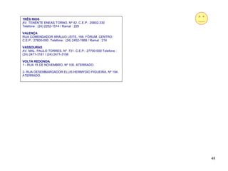 TRÊS RIOS
AV. TENENTE ENEAS TORNO, Nº 42. C.E.P.: 25802-330
Telefone : (24) 2252-1514 / Ramal : 229

VALENÇA
RUA COMENDADOR ARAUJO LEITE, 166. FÓRUM. CENTRO.
C.E.P.: 27600-000 Telefone : (24) 2452-1868 / Ramal : 214

VASSOURAS
AV. MAL. PAULO TORRES, Nº 731. C.E.P.: 27700-000 Telefone :
(24) 2471-3181 / (24) 2471-3156

VOLTA REDONDA
1 - RUA 15 DE NOVEMBRO, Nº 100. ATERRADO.

2- RUA DESEMBARGADOR ELLIS HERMYDIO FIGUEIRA, Nº 194.
ATERRADO.




                                                              48
 