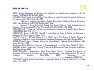 BIBLIOGRAFIA

ASSIS, Simone Gonçalves de. Crescer sem Violência: um desafio para educadores. Rio de
Janeiro: FIOCRUZ/ENSP/CLAVEs, 1994.
AZEVEDO, Maria Amélia de e GUERRA, Viviane N. de A. (org). Crianças Vitimizadas: a sí drome
do pequeno poder. São Paúlo: Iglu, 1989.
________ Infância e Violência Doméstica: Dossiê Diagnóstico. Violência Sexual Doméstica
(VSD). Rev. Telecurso/LACRI. USP/LACRI: USP, 2002.
_______ Infância e Violência Doméstica: Dossiê Diagnóstico. Violência Fisica Doméstica contra
Crianças e Adolescentes (VFD). Rev. Telecurso/LACRI. USP/LACRI: USP, 2002.
DESLANDES, S. F. Prevenir a ViolÊncia: um desafio para profissionais de saúde. Rio de Janeiro:
FICRUZ/ENSP/CLAVES, 1994.
EISENSTEIN, Evelyn e SOUZA, Ronald P. Situações de Risco à Saúde de Crianças e
Adolescentes. Rio de Janeiro: Vozes, 1993.
FÁVERO, Eunice T., MELÃO, Magda J. R. e JOGE, Maria R.T. (Orgs). O Serviço Social e a
Psicologia no Judiciário: construindo saberes, conquistando direitos. São Paulo: Cortez, 2005.
GABEL, Marceline (org.). Crianças Vítimas de Abuso Sexual. Tradução Sônia Goldfeder. São
Paulo: Summus, 1997.
GIL, Antônio Carlo. Métodos e Técnicas de Pesquisa Social. 4ª ed. São Paulo: Atlas S.A, 1995.
GUERRA, Viviane Nogueira de Azevedo. Violência de Pais contra Filhos: procuram-se vitimas.
São Paulo: Cortez, 1985.
SEADH/CONANDA. (Coordenação Geral Rosa Maria Fischer). Pesquisa Conhecendo a
Realidade: situação dos Conselhos de Direitos das Crianças e dos Adolescentes e Conselhos
Tutelares.          Brasília:         CEATS/FIA,           2007.           Disponível          em
http://www.promenino.org.br/ConselhosTutelares/tabid/59/Default.aspx Acesso em 15/08/2009.
THIOLLENT, Michel. Crítica Metodológica, Invstigação Social e Enquete Operária. 5ª ed. São
Paulo: Polis, 1987.

                                                                                                    49
 