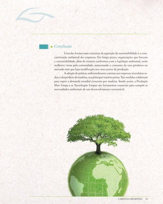 Conclusão
         Uma das formas mais concretas da aquisição da sustentabilidade é a cons-
cientização ambiental das empresas. Em longo prazo, organizações que buscam
a sustentabilidade, além de estarem conformes com a legislação ambiental, serão
melhores vistas pela comunidade, aumentando o consumo de seus produtos no
mercado sem que haja modificação nos seus custos de produção.
         A adoção de práticas ambientalmente corretas nas empresas moveleiras re-
duz o desperdício da madeira, sua principal matéria-prima. Tais medidas colaboram
para suprir a demanda mundial crescente por madeira. Sendo assim, a Produção
Mais Limpa e as Tecnologias Limpas são ferramentas essenciais para cumprir as
necessidades ambientais de um desenvolvimento sustentável.




                                                       CARTILHA BIOMÓVEL       25
 