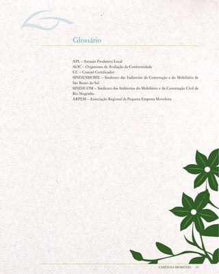 Glossário

APL – Arranjo Produtivo Local
AOC – Organismo de Avaliação da Conformidade
CC – Comitê Certificador
SINDUSMOBIL – Sindicato das Indústrias da Construção e do Mobiliário de
São Bento do Sul
SINDICOM – Sindicato das Indústrias do Mobiliário e da Construção Civil de
Rio Negrinho
ARPEM – Associação Regional da Pequena Empresa Moveleira




                                                  CARTILHA BIOMÓVEL     33
 