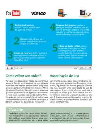 1              Definição de projeto:
                           escolher temas e abordagem
                           do que será filmado.                    4     Processo de filmagem: realizar a
                                                                         gravação do vídeo, checando se tudo
                                                                         que foi definido no roteiro está sendo
                                                                         seguido, e verificar se o equipamento
                                                                         está funcionando corretamente.



              2                  Roteiro: material que vai
                                 conter a sequência e a ordem



                                                                     5
                                 do que será filmado.
                                                                            Edição de áudio e vídeo: utilizar
                                                                            softwares de edição para deixar



            3
                                                                            o vídeo pronto, com apenas o
                          Seleção de recursos: definir qual será            que foi definido no roteiro sendo
                          o equipamento usado para realizar a               exibido, além de inserir crédito e
                          gravação (celular, gravador, câmera               trilha sonora, se necessário.
                          fotográfica etc.).




         Como editar um vídeo?                                     Autorização de uso
         Para que você possa editar vídeos, ou ensinar seus        Um detalhe que não pode passar em branco: so-
         alunos a fazê-lo, você precisará de um software           licitar que quem aparecer nas filmagens, como
         específico. Na internet existem vários programas          atores, figurantes ou mesmo pessoas comuns
         gratuitos para download (como o Windows Movie             nas ruas, assinem uma autorização de uso da
         Maker ou o Video Spin). Também existem softwares          sua imagem. É necessário informar qual será a
         gratuitos para inserção de legendas e trilha sono-        utilização do vídeo, para futuramente não ha-
         ra. Com esses recursos, a edição do material filma-       ver nenhum problema se alguém questionar seu
         do será mais fácil, e o resultado ficará melhor, pois     uso. Trilhas sonoras também podem envolver di-
         tão importante quanto a qualidade da imagem e             reitos autorais, o que recomenda a procura por
         do som captados são os cortes e a montagem.               trilhas sonoras livres.



               Glossário
               YouTube: é o principal site de vídeos da web.       (www.video.msn.com) e o Vimeo (www.
               Tem filmes sobre todos os assuntos e é muito        vimeo.com), com acervo semiprofissional
               fácil publicar seus vídeos. Outros sites inte-      e profissional, que só permite postar filmes
               ressantes de audiovisuais são o MSN Vídeo           produzidos pelo próprio usuário.


                                                                                                                     9


tecnologia_f_cs5.indd 9                                                                                          9/11/2010 18:39:16
 
