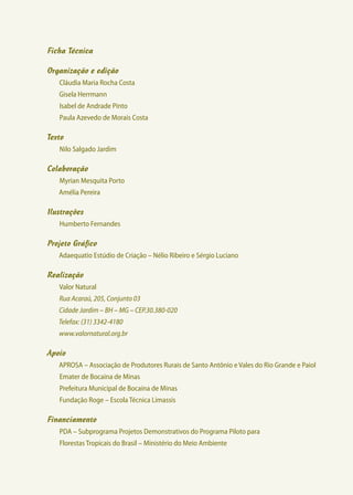 Ficha Técnica

Organização e edição
   Cláudia Maria Rocha Costa
   Gisela Herrmann
   Isabel de Andrade Pinto
   Paula Azevedo de Morais Costa

Texto
   Nilo Salgado Jardim

Colaboração
   Myrian Mesquita Porto
   Amélia Pereira

Ilustrações
   Humberto Fernandes

Projeto Gráfico
   Adaequatio Estúdio de Criação – Nélio Ribeiro e Sérgio Luciano

Realização
   Valor Natural
   Rua Acaraú, 205, Conjunto 03
   Cidade Jardim – BH – MG – CEP.30.380-020
   Telefax: (31) 3342-4180
   www.valornatural.org.br

Apoio
   APROSA – Associação de Produtores Rurais de Santo Antônio e Vales do Rio Grande e Paiol
   Emater de Bocaina de Minas
   Prefeitura Municipal de Bocaina de Minas
   Fundação Roge – Escola Técnica Limassis

Financiamento
   PDA – Subprograma Projetos Demonstrativos do Programa Piloto para
   Florestas Tropicais do Brasil – Ministério do Meio Ambiente
 