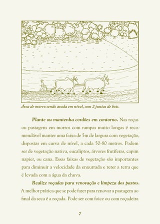 Área de morro sendo arada em nível, com 2 juntas de bois.

      Plante ou mantenha cordões em contorno. Nas roças
ou pastagens em morros com rampas muito longas é reco-
mendável manter uma faixa de 5m de largura com vegetação,
dispostas em curva de nível, a cada 50-80 metros. Podem
ser de vegetação nativa, eucaliptos, árvores frutíferas, capim
napier, ou cana. Essas faixas de vegetação são importantes
para diminuir a velocidade da enxurrada e reter a terra que
é levada com a água da chuva.
      Realize roçadas para renovação e limpeza dos pastos.
A melhor prática que se pode fazer para renovar a pastagem ao
final da seca é a roçada. Pode ser com foice ou com roçadeira


                                 7
 