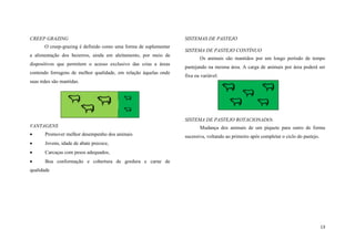 CREEP GRAZING
O creep-grazing é definido como uma forma de suplementar
a alimentação dos bezerros, ainda em aleitamento, por meio de
dispositivos que permitem o acesso exclusivo das crias a áreas
contendo forragens de melhor qualidade, em relação àquelas onde

SISTEMAS DE PASTEJO
SISTEMA DE PASTEJO CONTÍNUO
Os animais são mantidos por um longo período de tempo
pastejando na mesma área. A carga de animais por área poderá ser
fixa ou variável.

suas mães são mantidas.

SISTEMA DE PASTEJO ROTACIONADO:
VANTAGENS


Promover melhor desempenho dos animais



Jovens, idade de abate precoce,



Carcaças com pesos adequados,



Mudança dos animais de um piquete para outro de forma

Boa conformação e cobertura de gordura e carne de

sucessiva, voltando ao primeiro após completar o ciclo do pastejo.

qualidade

13

 
