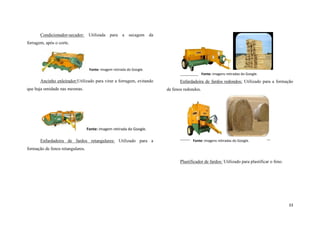 Condicionador-secador: Utilizada para a secagem da
forragem, após o corte.

Fonte: imagem retirada do Google.
Fonte: imagens retiradas do Google.

Ancinho enleirador:Utilizado para virar a forragem, evitando
que haja umidade nas mesmas.

Enfardadeira de fardos redondos: Utilizado para a formação
de fenos redondos.

Fonte: imagem retirada do Google.

Enfardadeira de fardos retangulares: Utilizado para a

Fonte: imagens retiradas do Google.

formação de fenos retangulares.
Plastificador de fardos: Utilizado para plastificar o feno.

33

 