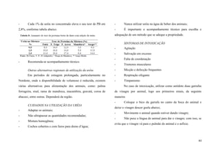 -

Cada 1% de uréia no concentrado eleva o seu teor de PB em

2,8%, conforme tabela abaixo:

-

Nunca utilizar uréia na água de beber dos animais;

-

É importante o acompanhamento técnico para escolha e

adequação de um método que se adeque a propriedade.
SINTOMAS DE INTOXICAÇÃO
-

Agitação

-

Salivação em excesso

-

Falta de coordenação

-

Tremores musculares

Outras alternativas regionais de utilização da uréia

-

Micção e defecção frequentes

Em períodos de estiagem prolongada, particularmente no

-

Respiração ofegante

Nordeste, onde a disponibilidade de volumoso é reduzida, existem

-

Timpanismo

-

Recomenda-se acompanhamento técnico.

várias alternativas para alimentação dos animais, como: palma

No caso de intoxicação, utilizar como antídoto duas garrafas

forrageira, sisal, rama de mandioca, macambira, gravatá, coroa de

de vinagre por animal, logo aos primeiros sinais, da seguinte

abacaxi, entre outras. Dependerá da região.

maneira:
-

CUIDADOS NA UTILIZAÇÃO DA URÉIA
-

Adaptar os animais;

-

Não ultrapassar as quantidades recomendadas;

-

Mistura homogênea;

-

Cochos cobertos e com furos para dreno d’água;

Coloque o bico da garrafa no canto da boca do animal e

deixe o vinagre descer goela abaixo;
-

Movimente o animal quando estiver dando vinagre;

-

Não puxe a língua do animal para dar o vinagre; com isso, se

evita que o vinagre vá para o pulmão do animal e o asfixie.

43

 