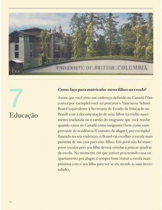 7

Como faço para matricular meus ﬁlhos na escola?

Educação

Assim que você tiver um endereço deﬁnido no Canadá (Vancouver por exemplo) você irá procurar o Vancouver School
Board (equivalente à Secretaria de Estado da Educação no
Brasil) com a documentação de seus ﬁlhos (certidão nascimento traduzida ou o cartão do imigrante que você recebe
quando entra no Canadá como imigrante) bem como comprovante de residência (Contrato de aluguel, por exemplo).
Baseado no seu endereço, o Board vai escolher a escola mais
próxima de sua casa para seus ﬁlhos. Em geral não há transporte escolar pois seu ﬁlho deverá estudar a poucas quadras
da escola. No momento em que estiver procurando casa ou
apartamento pra alugar, é sempre bom visitar a escola mais
próxima com o seu ﬁlho para ver se ela atende às suas necessidades.
 
 
 

22

 