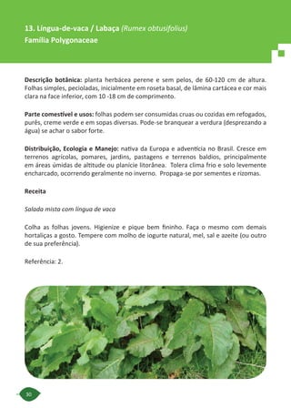 30
Descrição botânica: planta herbácea perene e sem pelos, de 60-120 cm de altura.
Folhas simples, pecioladas, inicialmente em roseta basal, de lâmina cartácea e cor mais
clara na face inferior, com 10 -18 cm de comprimento.
Parte comestível e usos: folhas podem ser consumidas cruas ou cozidas em refogados,
purês, creme verde e em sopas diversas. Pode-se branquear a verdura (desprezando a
água) se achar o sabor forte.
Distribuição, Ecologia e Manejo: nativa da Europa e adventícia no Brasil. Cresce em
terrenos agrícolas, pomares, jardins, pastagens e terrenos baldios, principalmente
em áreas úmidas de altitude ou planície litorânea. Tolera clima frio e solo levemente
encharcado, ocorrendo geralmente no inverno. Propaga-se por sementes e rizomas.
Receita
Salada mista com língua de vaca
Colha as folhas jovens. Higienize e pique bem fininho. Faça o mesmo com demais
hortaliças a gosto. Tempere com molho de iogurte natural, mel, sal e azeite (ou outro
de sua preferência).
Referência: 2.
13. Língua-de-vaca / Labaça (Rumex obtusifolius)
Família Polygonaceae
 