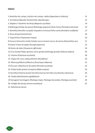 4
ÍNDICE
1.Almeirão-do-campo, chicória-do-campo, radite (Hypochaeris chilensis)	 11
2. Arumbeva (Opuntia monacantha, Opuntia spp.)	 12
3. Begônia / Azedinha-do-Brejo (Begonia cucullata)	 14
4.Beldroega/ Bredo-de-porco/ Beldroega-pequena/ Onze-horas (Portulaca oleracea)	 19
5. Bertalha/ Bertalha-coração/ trepadeira-mimosa/ folha-santa (Anredera cordifolia)	 17
6. Buva (Conyza bonariensis) 	 18
7. Capuchinha (Tropaeolum majus)	 19
8.Caruru/ Amaranto-verde/ bredo/ caruru-bravo/ caruru-de-porco (Amaranthus sp.)	 21
9.Crepis/ Crepe-do-japão (Youngia japonica)	 23
10.Dente-de-leão (Taraxacum officinale)	24
11.Erva-Gorda/ Major-gomes/ carne-gorda/ beldroega-grande (Talinum patens)	 26
12. Inhame (Colocasia esculenta)	 28
13. Língua-de-vaca, Labaça (Rumex obtusifolius)	 30
14. Mastruço/Mestruz/Mastruz (Coronopus didymus)	 31
15.Ora-pro-nóbis/Carne-de-pobre (Pereskia aculeata)	 32
16. Picão/ picão-preto/ carrapicho (Bidens pilosa)	 34
17.Serralha/ Chicória-brava/ Serralha-branca/ Serralha-lisa (Sonchus oleraceus)	 36
18. Taioba (Xanthosama sagittifolium)	 37
19.Tansagem/ tanchagem (Plantago major, Plantago lanceolata, Plantago australis)	 39
20. Urtigão-de-baraço (Urera aurantiaca)	 41
21. Referências Gerais
 