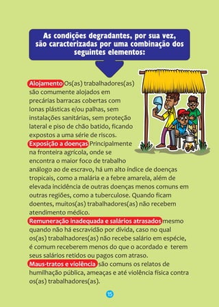 As condições degradantes, por sua vez,
são caracterizadas por uma combinação dos
seguintes elementos:
Alojamento
Exposição a doenças
Remuneração inadequada e salários atrasados
Maus-tratos e violência
Os(as) trabalhadores(as)
são comumente alojados em
precárias barracas cobertas com
lonas plásticas e/ou palhas, sem
instalações sanitárias, sem proteção
lateral e piso de chão batido, ficando
expostos a uma série de riscos.
Principalmente
na fronteira agrícola, onde se
encontra o maior foco de trabalho
análogo ao de escravo, há um alto índice de doenças
tropicais, como a malária e a febre amarela, além de
elevada incidência de outras doenças menos comuns em
outras regiões, como a tuberculose. Quando ficam
doentes, muitos(as) trabalhadores(as) não recebem
atendimento médico.
mesmo
quando não há escravidão por dívida, caso no qual
os(as) trabalhadores(as) não recebe salário em espécie,
é comum receberem menos do que o acordado e terem
seus salários retidos ou pagos com atraso.
são comuns os relatos de
humilhação pública, ameaças e até violência física contra
os(as) trabalhadores(as).
15
 