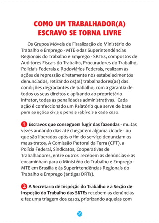 Os Grupos Móveis de Fiscalização do Ministério do
Trabalho e Emprego - MTE e das Superintendências
Regionais do Trabalho e Emprego - SRTEs, compostos de
Auditores Fiscais do Trabalho, Procuradores do Trabalho,
Policiais Federais e Rodoviários Federais, realizam as
ações de repressão diretamente nos estabelecimentos
denunciados, retirando os(as) trabalhadores(as) das
condições degradantes de trabalho, com a garantia de
todos os seus direitos e aplicando ao proprietário
infrator, todas as penalidades administrativas. Cada
ação é confeccionado um Relatório que serve de base
para as ações civis e penais cabíveis a cada caso.
Escravos que conseguem fugir das fazendas - muitas
vezes andando dias até chegar em alguma cidade - ou
que são liberados após o fim do serviço denunciam os
maus-tratos. A Comissão Pastoral da Terra (CPT), a
Polícia Federal, Sindicatos, Cooperativas de
Trabalhadores, entre outros, recebem as denúncias e as
encaminham para o Ministério do Trabalho e Emprego -
MTE em Brasília e às Superintendências Regionais do
Trabalho e Emprego (antigas DRTs).
A Secretaria de Inspeção do Trabalho e a Seção de
Inspeção do Trabalho das SRTEs recebem as denúncias
e faz uma triagem dos casos, priorizando aquelas com
COMO UM TRABALHADOR(A)
ESCRAVO SE TORNA LIVRE
1
2
26
 
