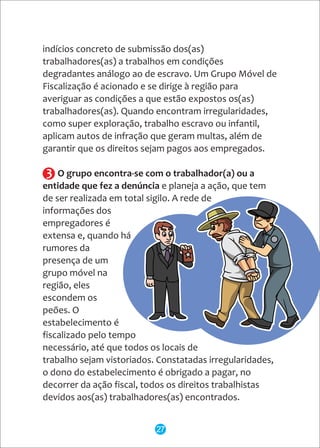 indícios concreto de submissão dos(as)
trabalhadores(as) a trabalhos em condições
degradantes análogo ao de escravo. Um Grupo Móvel de
Fiscalização é acionado e se dirige à região para
averiguar as condições a que estão expostos os(as)
trabalhadores(as). Quando encontram irregularidades,
como super exploração, trabalho escravo ou infantil,
aplicam autos de infração que geram multas, além de
garantir que os direitos sejam pagos aos empregados.
O grupo encontra-se com o trabalhador(a) ou a
entidade que fez a denúncia e planeja a ação, que tem
de ser realizada em total sigilo. A rede de
informações dos
empregadores é
extensa e, quando há
rumores da
presença de um
grupo móvel na
região, eles
escondem os
peões. O
estabelecimento é
fiscalizado pelo tempo
necessário, até que todos os locais de
trabalho sejam vistoriados. Constatadas irregularidades,
o dono do estabelecimento é obrigado a pagar, no
decorrer da ação fiscal, todos os direitos trabalhistas
devidos aos(as) trabalhadores(as) encontrados.
3
27
 