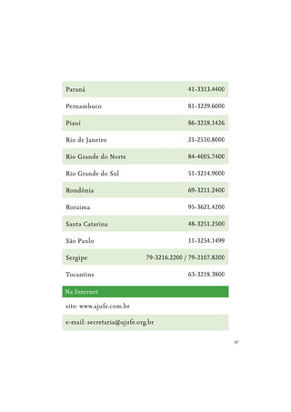 47
Paraná
Pernambuco
Piauí
Rio de Janeiro
Rio Grande do Norte
Rio Grande do Sul
Rondônia
Roraima
Santa Catarina
São Paulo
Sergipe
Tocantins
Na Internet
site: www.ajufe.com.br
e-mail: secretaria@ajufe.org.br
41-3313.4400
81-3229.6000
86-3218.1426
21-2510.8000
84-4005.7400
51-3214.9000
69-3211.2400
95-3621.4200
48-3251.2500
11-3254.1499
79-3216.2200 / 79-2107.8200
63-3218.3800
 