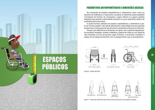 20
ORIENTAÇÕESTÉCNICASCARTILHADAACESSIBILIDADE
21
ORIENTAÇÕESTÉCNICASCARTILHADAACESSIBILIDADE
PARÂMETROS ANTROPOMÉTRICOS E DIMENSÕES BÁSICAS
Na concepção de projetos arquitetônicos e urbanísticos, assim como no
desenho de mobiliários, é importante considerar as diferentes potencialidades
e limitações do homem. As orientações a seguir referem-se a alguns padrões
adotados para atender à diversidade humana e os casos específicos devem ser
analisados particularmente.
A escala humana utilizada em projetos arquitetônicos e urbanísticos a par-
tir do“homem padrão”, não atende plenamente a diversidade humana, gerando
barreiras para muitas pessoas que possuem características diversas ou extremas.
Pessoas com deficiência se deslocam, em geral, com a ajuda de equipamen-
tos auxiliares: bengalas, muletas, andadores, cadeiras de rodas ou com ajuda de
cães treinados, no caso de pessoas cegas. Portanto, é necessário considerar o
espaço de circulação juntamente com os equipamentos que as acompanham.
60 a 70 33
92.5
72.5
40 a 46
1,5
largura da roda
7
49a53
95 a 115
30 a 4042 a 45~25
VISTA FRONTAL ABERTA VISTA FRONTAL FECHADA VISTA LATERAL
Figura 6 - Cadeira de Rodas
75 90 90 85 75
UM A BENGALA DUAS BENGALAS ANDADOR vista frontal vista lateral
COM RODAS
ANDADOR RÍGIDO
Figura 7 – Dimensões referenciais para deslocamento de pessoas com bengala e andador
 