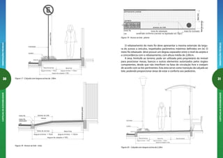 30
ORIENTAÇÕESTÉCNICASCARTILHADAACESSIBILIDADE
31
ORIENTAÇÕESTÉCNICASCARTILHADAACESSIBILIDADE
meio-fio rebaixado
(extensão conforme previsto na legislação em vigor)
meio-fio inclinado
faixalivre
faixadeserviço
meio-fio
via
alinhamento predial
acesso ao lote
canteiro
Figura 19 - Acesso ao lote - planta
O rebaixamento do meio fio deve apresentar a mesma extensão da largu-
ra do acesso a veículos, respeitados parâmetros máximos definidos em lei. O
meio-fio rebaixado deve possuir um degrau separador entre o nível da sarjeta e
a concordância com o rebaixamento, com altura média de 2,00cm.
A área, limítrofe ao terreno, pode ser utilizada pelo proprietário do imóvel
para posicionar mesas, bancos e outros elementos autorizados pelos órgãos
competentes, desde que não interfiram na faixa de circulação livre e estejam
de acordo com as leis pertinentes. Esta área serve como transição da calçada ao
lote, podendo proporcionar áreas de estar e conforto aos pedestres.
faixa livre
via
largura m ínim a = 120cm
m eio-fio
alinhamentopredial
faixa de serviço
largura da calçada (230)
iluminação
canteiro
largura m ínim a = 70cm
faixa de acesso
alturasuperiora210cm
Figura 20 – Calçada com largura acima de 2,30m
faixa livre
via
largura m ínim a = 120cm
m eio-fio
alinhamentopredial
faixa de serviço
largura da calçada (190)
sinalização
canteiro
largura m ínim a = 70cm
alturasuperiora210cm
Figura 17 - Calçada com largura acima de 1,90m
faixa livre
via
largura m ínim a = 120cm
m eio-fio
alinhamentopredial
faixa de serviço
largura da calçada (190)
largura m ínim a = 70cm
acesso ao lote
ram pa
m eio-fio
rebaixado
Figura 18 - Acesso ao lote - vista
 