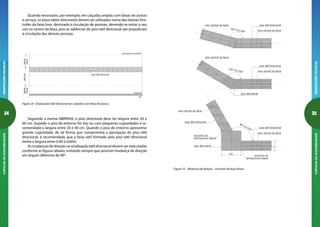 34
ORIENTAÇÕESTÉCNICASCARTILHADAACESSIBILIDADE
35
ORIENTAÇÕESTÉCNICASCARTILHADAACESSIBILIDADE
165°X180°
piso tátil direcional
eixo central da faixa
eixo central da faixa
150°X165°
piso tátil direcional
eixo central da faixa
eixo central da faixa
piso tátil direcional
eixo central da faixa
90°X150°
encontro do
alinham ento lateral
encontro do
alinham ento lateral
piso tátil alerta
piso tátil alerta
piso tátil direcional
eixo central da faixa
L
2xL
Figura 25 – Mudança de direção – encontro de duas faixas
Quando necessário, por exemplo, em calçadas amplas com faixas de acesso
e serviço, os pisos táteis direcionais devem ser utilizados numa das laterais limí-
trofes da faixa livre, destinada à circulação de pessoas, devendo-se evitar o seu
uso no centro da faixa, pois as saliências do piso tátil direcional são prejudiciais
à circulação das demais pessoas.
faixalivrefaixade
piso tátil direcional
m eio-fio
via
faixade
alinhamento predial
serviçoacesso
Figura 24 - Sinalização tátil direcional nas calçadas com faixa de acesso
Seguindo a norma NBR9050, o piso direcional deve ter largura entre 20 a
60 cm. Quando o piso do entorno for liso ou com pequenas rugosidades é re-
comendada a largura entre 20 e 40 cm. Quando o piso do entorno apresentar
grande rugosidade, de tal forma que comprometa a percepção do piso tátil
direcional, é recomendado que a faixa tátil formada pelo piso tátil direcional
tenha a largura entre 0,40 e 0,60m.
As mudanças de direção na sinalização tátil direcional devem ser executadas
conforme as figuras abaixo, evitando sempre que possível mudança de direção
em ângulo diferente de 90º.
 