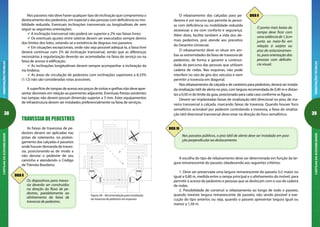38
ORIENTAÇÕESTÉCNICASCARTILHADAACESSIBILIDADE
39
ORIENTAÇÕESTÉCNICASCARTILHADAACESSIBILIDADE
O rebaixamento das calçadas para pe-
destres é um recurso que permite às pesso-
as com deficiência ou mobilidade reduzida
atravessar a via com conforto e segurança.
Além disto, facilita também a vida dos de-
mais pedestres, pois atende aos preceitos
do Desenho Universal.
O rebaixamento deve se situar em am-
bas as extremidades da faixa de travessia de
pedestres, de forma a garantir a continui-
dade do percurso das pessoas que utilizam
cadeira de rodas. Nas esquinas, não pode
interferir no raio de giro dos veículos e nem
O ponto mais baixo da
rampa deve ficar com
umasaliênciade1,5cm
junto ao meio-fio em
relação à sarjeta ou
piso do estacionamen-
to, para orientação das
pessoas com deficiên-
cia visual.
Nos passeios públicos, o piso tátil de alerta deve ser instalado em posi-
ção perpendicular ao deslocamento.
DICA 9
DICA 10
A escolha do tipo de rebaixamento deve ser determinada em função da lar-
gura remanescente do passeio, obedecendo aos seguintes critérios:
1. Deve ser preservada uma largura remanescente do passeio (Lr) maior ou
igual a 0,80 m, medida entre a rampa principal e o alinhamento do imóvel, para
permitir o acesso de pedestres e pessoas que se deslocam com o uso de cadeira
de rodas.
2. Possibilidade de construir o rebaixamento ao longo de todo o passeio,
quando inexiste largura remanescente de passeio, não sendo possível a exe-
cução do tipo anterior, ou seja, quando o passeio apresentar largura igual ou
menor a 1,50 m.
permitir a travessia em diagonal.
Nos rebaixamentos de calçada e de canteiros para pedestres, deverá ser instala-
da sinalização tátil de alerta no piso, com largura recomendada de 0,40 m e distan-
tes a 0,50 m do limite da guia, posicionado para cada caso conforme as figuras.
Devem ser implantadas faixas de sinalização tátil direcional no piso, de ma-
neira transversal à calçada, marcando faixas de travessia. Quando houver foco
semafórico acionável por pedestre controlando a travessia, a faixa de sinaliza-
ção tátil direcional transversal deve estar na direção do foco semafórico.
Nos passeios não deve haver qualquer tipo de inclinação que comprometa o
deslocamento dos pedestres, em especial o das pessoas com deficiência ou mo-
bilidade reduzida. Eventuais inclinações transversais ou longitudinais de vem
seguir as seguintes orientações:
A inclinação transversal não poderá ser superior a 2% nas faixas livres;
Os eventuais ajustes entre soleiras devem ser executados sempre dentro
dos limites dos lotes, vetando-se a existência de degraus nos passeios;
Em situações excepcionais, onde não seja possível adequá-la, a faixa livre
deverá continuar com 2% de inclinação transversal, sendo que as diferenças
necessárias à regularização deverão ser acomodadas na faixa de serviço ou na
faixa de acesso à edificação;
As inclinações longitudinais devem sempre acompanhar a inclinação da
via lindeira;
As áreas de circulação de pedestres com inclinações superiores a 8,33%
(1:12) não são consideradas rotas acessíveis.
A superfície de tampas de acesso aos poços de visitas e grelhas não deve apre-
sentar desníveis em relação ao pavimento adjacente. Eventuais frestas existentes
nas tampas não devem possuir dimensão superior a 5 mm. Estes equipamentos
de infraestrutura devem ser instalados preferencialmente na faixa de serviços.
Figura 28 – Recomendação para instalação
da travessia de pedestres em esquinas
Os dispositivos para traves-
sia deverão ser construídos
na direção do fluxo de pe-
destres, paralelamente ao
alinhamento da faixa de
travessia de pedestres.
DICA 8
As faixas de travessias de pe-
destres devem ser aplicadas nas
pistas de rolamento, no prolon-
gamento das calçadas e passeios
onde houver demanda de traves-
sia, posicionando-as de modo a
não desviar o pedestre de seu
caminho e atendendo o Código
de Trânsito Brasileiro.
TRAVESSIA DE PEDESTRES
 