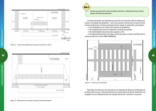 42
ORIENTAÇÕESTÉCNICASCARTILHADAACESSIBILIDADE
43
ORIENTAÇÕESTÉCNICASCARTILHADAACESSIBILIDADE
As faixas elevadas são indicadas para locais de travessia onde se deseja esti-
mular a circulação de pedestres – tais como pontos comerciais ou locais estrita-
mente residenciais. As faixas elevadas devem seguir as seguintes orientações:
Ser sinalizadas com a faixa de travessia de pedestres;
Ser implanta das junto às esquinas ou meios de quadra;
Ter declividade transversal não superior a 3%;
Ter dimensionamento com base na fórmula para o cálculo da faixa de tra-
vessia (conforme norma ABNT NBR9050).
alinhamentopredial
linha guia identificável
(ex: m uros, paredes)
pisotátildirecional
faixadesinalização
calçada
meio-fio
via
lom bofaixa
sobe
L=larguradafaixadepedestre
L=120cm
(mín. 80cm)
40 a 60
50
sobe
pisotátildirecional
tátildealerta
Figura 35 – Travessia com lombofaixa
Sempre que possível é recomendado estender o rebaixamento por toda a
largura da faixa de pedestres.
DICA 12
Nas faixas de travessia recomenda-se a instalação de faixas de sinalização tá-
til direcional no piso, transversalmente aos pisos táteis de alerta existentes nas
calçadas ou nos rebaixamentos de calçada, de forma a orientar a travessia.
alinhamento predial
linha guia identificável
(ex: muros, paredes)
5040a60
m eio-fio
L=h x 12m ín. 150cm
m eio-fio rebaixado
calçada
piso tátil alerta
m eio-fio
m eio-fio
rebaixado
1.5h
detalhe meio-fio
faixa de pedestre
via
m eio-fio inclinado
L=h x 12
m eio-fio inclinado
rampa lateralrampa lateral
40 a 6040 a 60
calçada
piso tátil alerta
piso alertapiso alerta
sobe (8,33% )sobe (8,33% )
plataforma principal
Figura 33 – Travessia de pedestres para largura remanescente  80 cm
alinham ento predial
linha guia identificável
(ex: muros, paredes)
5040a60
m eio-fio inclinado
sobe(8,33%)
m ín. 50cm
m eio-fio inclinado
m ín. 50cm
sobe
L=largura da faixa de pedsetres
m eio-fio rebaixado
calçada
faixa de pedestre
via
Figura 34 – Rebaixamento de calçada na largura da faixa de pedestre
 