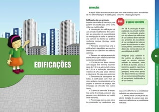 52
ORIENTAÇÕESTÉCNICASCARTILHADAACESSIBILIDADE
53
ORIENTAÇÕESTÉCNICASCARTILHADAACESSIBILIDADE
DEFINIÇÕES
A seguir estão descritos os principais itens relacionados com a acessibilida-
de nos diferentes tipos de edificações, conforme a legislação vigente.
Edificações de uso privado:
Aquelas destinadas à habitação, que
podem ser classificadas como unifa-
miliar ou multifamiliar.
A construção de edificações de
uso privado multifamiliar deve aten-
der aos preceitos da acessibilidade
na interligação de todas as partes de
uso comum ou abertas ao público,
conforme normas técnicas, sendo
obrigatório:
Percurso acessível que una as
edificações à via pública, aos serviços
anexos de uso comum e aos edifícios
vizinhos;
Rampas ou equipamentos ele-
tromecânicos para vencer os desníveis
existentes nas edificações;
Circulação nas áreas comuns
com largura livre mínima recomen-
dada de 1,50 m e admissível mínima
de 1,20 m e inclinação transversal
máxima de 2% para pisos internos
e máxima de 3% para pisos externos;
Elevadores de passageiros em
todas as edificações com mais de
cinco andares, recomendando-se no
projeto a previsão de espaço para
instalação de elevador nos outros
casos;
Cabine do elevador, e respec-
tiva porta de entrada, acessível para
pessoas com deficiência ou mobili-
dade reduzida;
Prever vaga reserva para veícu-
los conduzidos ou conduzindo pes-
O QUE DIZ O DECRETOÉ LEI!
Art. 18. A construção de edifi-
cações de uso privado multifa-
miliar e a construção, amplia-
ção ou reforma de edificações
de uso coletivo devem atender
aos preceitos da acessibilida-
de na interligação de todas as
partes de uso comum ou aber-
tas ao público, conforme os pa-
drões das normas técnicas de
acessibilidade da ABNT.
Parágrafo único. Também es-
tão sujeitos ao disposto no
caput os acessos, piscinas,
andares de recreação, salão
de festas e reuniões, saunas e
banheiros, quadras esportivas,
portarias, estacionamentos e
garagens, entre outras partes
das áreas internas ou externas
de uso comum das edificações,
de uso privado multifamiliar e
de uso coletivo.
soas com deficiência ou mobilidade
reduzida nos estacionamentos;
Prever via de circulação de pe-
destre dotada de acesso para pes-
soas com deficiência ou mobilidade
reduzida.
 