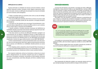54
ORIENTAÇÕESTÉCNICASCARTILHADAACESSIBILIDADE
55
ORIENTAÇÕESTÉCNICASCARTILHADAACESSIBILIDADE
CIRCULAÇÃO HORIZONTAL
O acesso livre de barreiras, que permite a circulação por toda a edificação,
interligando as áreas externas a todas as suas dependências e serviços, define
uma rota acessível. O trajeto acessível abrange a circulação na horizontal, em
todas as áreas dos pavimentos, assim como na vertical, garantindo o desloca-
mento por rampa ou equipamento de transporte vertical. As escadas fixas e os
degraus podem fazer parte da rota acessível, desde que estejam associados a
rampas ou equipamentos de transporte vertical.
Para definir uma rota acessível, é necessário observar as características de
piso; a largura e a extensão dos corredores e passagens; os desníveis, as passa-
gens e a área de manobra próxima de portas; além de outros elementos cons-
trutivos que possam representar obstáculos à mobilidade das pessoas
A circulação em rota acessível deve ser livre de degraus, respeitar a largura
mínima de 0,90m, além das demais exigências contidas na norma ABNT NBR
9050/04.
A largura mínima também deve estar vinculada a extensão do corredor ou
área de circulação de edificações ou equipamentos urbanos.
Para transposição de obstáculos isolados com extensão máxima de 40 cm
(por exemplo passagem de portas) admite-se largura mínima de 80 cm.
Figura 45- Dimensões mínimas para circulação horizontal
Tipo de Uso Comprimento
Até 4,00 m
Até 10,00 m
Acima de 10,00 m
-
Comum
Comum
Comum
Público
Largura Mínima
0,90 m
1,20 m
1,50 m
1,50 m
O QUE DIZ O DECRETOÉ LEI!
Art. 19. A construção, ampliação ou reforma de edificações de uso públi-
co deve garantir, pelo menos, um dos acessos ao seu interior, com comu-
nicação com todas as suas dependências e serviços, livre de barreiras e
de obstáculos que impeçam ou dificultem a sua acessibilidade.
Edificações de uso coletivo:
Aquelas destinadas às atividades de natureza comercial, hoteleira, cultural,
esportiva, financeira, turística, recreativa, social, religiosa, educacional, indus-
trial e de saúde, inclusive as edificações de prestação de serviços de atividades
da mesma natureza, sendo obrigatório:
Todas as entradas devem ser acessíveis, bem como as rotas de interliga-
ção às principais funções do edifício;
No caso de edificações existentes, deve haver ao menos um acesso a cada
50 m no máximo conectado, através de rota acessível, à circulação principal e
de emergência;
Ao menos um dos itinerários que comuniquem horizontalmente e verti-
calmente todas as dependências e serviços do edifício, entre si e com o exterior,
deverá cumprir todos os requisitos de acessibilidade;
Garantir sanitários e vestiários acessíveis às pessoas com deficiência ou
mobilidade reduzida, possuindo 5% do total de cada peça (quando houver divi-
são por sexo), obedecendo ao mínimo de uma peça;
Nas áreas externas ou internas da edificação destinadas a garagem e ao
estacionamento de uso público é obrigatório reservar as vagas próximas aos
acessos de circulação de pedestres, devidamente sinalizadas, para veículos que
transportem pessoas com deficiência física ou com dificuldade de locomoção,
respeitando o número de vagas conforme prevê a norma ABNT NBR 9050/04;
Entre o estacionamento e o acesso principal deve existir uma rota acessí-
vel. Caso isso não seja possível, deve haver vagas de estacionamento exclusivas
para as pessoas com deficiência ou mobilidade reduzida próximas ao acesso
principal;
Em shopping centers, aeroportos, áreas de grande fluxo de pessoas, ou
em função da especificidade/natureza de seu uso, recomendam-se um sanitá-
rio acessível que possa ser utilizado por ambos os sexos (sanitário familiar).
Nos conjuntos residenciais, verticais ou horizontais, as áreas de uso comum
devem, obrigatoriamente, ser acessíveis, enquanto que, para as unidades ha-
bitacionais é facultativo; entretanto, recomenda-se evitar paredes estruturais
nas quais, provavelmente, serão feitas alterações, de forma a viabilizar futuras
adaptações.
 
