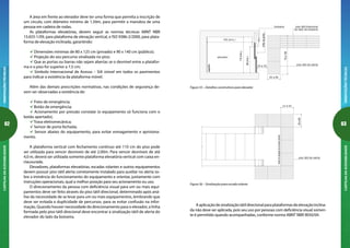 62
ORIENTAÇÕESTÉCNICASCARTILHADAACESSIBILIDADE
63
ORIENTAÇÕESTÉCNICASCARTILHADAACESSIBILIDADE
80(mín.)
110(mín.)
140 (mín.)
25 a 32
75a150
trilhodaporta
25 a 60
botoeira piso tátil direcional
ao lado da botoeira
elevador
espelho
piso tátil de alerta
Figura 55 – Detalhes construtivos para elevador
piso tátil de alerta
25a60
25 a 60
limitedoalçapãodaescadarolante
Figura 56 – Sinalização para escada rolante
Aaplicaçãodesinalizaçãotátildirecionalparaplataformasdeelevaçãoinclina-
da não deve ser aplicada, pois seu uso por pessoas com deficiência visual somen-
te é permitido quando acompanhadas, conforme norma ABNT NBR 9050/04.
A área em frente ao elevador deve ter uma forma que permita a inscrição de
um círculo, com diâmetro mínimo de 1,50m, para permitir a manobra de uma
pessoa em cadeira de rodas.
As plataformas elevatórias, devem seguir as normas técnicas ABNT NBR
15.655-1/09, para plataforma de elevação vertical, e ISO 9386-2/2000, para plata-
forma de elevação inclinada, garantindo:
Dimensões mínimas de 80 x 125 cm (privado) e 90 x 140 cm (público);
Projeção do seu percurso sinalizada no piso;
Que as portas ou barras não sejam abertas se o desnível entre a platafor-
ma e o piso for superior a 7,5 cm;
Símbolo Internacional de Acesso – SIA visível em todos os pavimentos
para indicar a existência da plataforma móvel.
Além das demais prescrições normativas, nas condições de segurança de-
vem ser observadas a existência de:
Freio de emergência;
Botão de emergência;
Acionamento por pressão constate (o equipamento só funciona com o
botão apertado);
Trava eletromecânica;
Sensor de porta fechada;
Sensor abaixo do equipamento, para evitar esmagamento e aprisiona-
mento.
A plataforma vertical com fechamento contínuo até 110 cm do piso pode
ser utilizada para vencer desníveis de até 2,00m. Para vencer desníveis de até
4,0 m, deverá ser utilizada somente plataforma elevatória vertical com caixa en-
clausurada.
Elevadores, plataformas elevatórias, escadas rolantes e outros equipamentos
devem possuir piso tátil alerta corretamente instalado para auxiliar no alerta so-
bre a iminência do funcionamento do equipamento e orientar, juntamente com
instruções operacionais, qual a melhor posição para seu acionamento ou uso.
O direcionamento da pessoa com deficiência visual para um ou mais equi-
pamentos deve ser feito através do piso tátil direcional, determinado após aná-
lise da necessidade de se levar para um ou mais equipamentos, lembrando que
deve ser evitada a duplicidade de percursos, para se evitar confusão na infor-
mação. Quando houver necessidade do direcionamento para o elevador, a linha
formada pelo piso tátil direcional deve encontrar a sinalização tátil de alerta do
elevador do lado da botoeira.
 