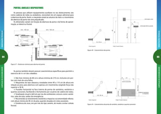64
ORIENTAÇÕESTÉCNICASCARTILHADAACESSIBILIDADE
65
ORIENTAÇÕESTÉCNICASCARTILHADAACESSIBILIDADE
m ín. 80 cm
90a110cm
90a110cm
140
160
15
45
informação tátil na parede
informação visual
Vista Superior Vista Frontal Externa
Figura 58 – Características das portas
90a110cm
Vista Frontal Externa
m ín. 80 cm
Vista Superior
mín.40cm
90
10 L/2
L
m aterial resistente
a impactos
barra horizontal
Figura 59 – Características de portas de sanitário, vestiários e quartos acessíveis
PORTAS, JANELAS E DISPOSITIVOS
As pessoas que utilizam equipamentos auxiliares no seu deslocamento, tais
como cadeiras de rodas ou andadores, necessitam de um espaço adicional para
a abertura da porta. Assim, a maçaneta estará ao alcance da mão e o movimento
de abertura da porta não será prejudicado.
As dimensões variam em função da abertura da porta e da forma de aproxi-
mação, se lateral ou frontal.
mín.60cm
m ín. 150 cmm ín. 120 cm
mím30cm
mín.80cm
Figura 57 – Distâncias mínimas para abertura de portas
As portas também devem possuir características específicas para permitir o
exercício de ir e vir dos cidadãos:
Vão livre mínimo de 80 cm e altura mínima de 210 cm, inclusive em por-
tas com mais de uma folha;
Maçanetas do tipo alavanca, instaladas entre 90 a 110 cm de altura em
relação ao piso, para abertura com apenas um movimento, exigindo força não
superior a 36 N;
Puxador horizontal na face interna de portas de sanitários, vestiários e
quartos acessíveis, facilitando o fechamento por usuários de cadeira de rodas;
Sinalização visual e tátil em por tas dos ambientes comuns como: sanitá-
rios, salas de aula, saídas de emergência;
Recomenda-se revestimento resistente a impactos na extremidade inferior,
com altura mínima de 40 cm do piso, quando situadas em rotas acessíveis;
Existência de visor, em por trás do tipo vaivém, de modo a evitar colisão
frontal.
 