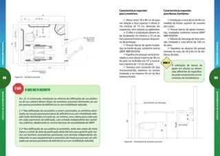 68
ORIENTAÇÕESTÉCNICASCARTILHADAACESSIBILIDADE
69
ORIENTAÇÕESTÉCNICASCARTILHADAACESSIBILIDADE
DICA 17
Características especiais
para Lavatórios:
Altura entre 78 e 80 cm do piso
em relação a face superior e altura li-
vre mínima de 73 cm, devendo ser
suspensos, sem colunas ou gabinetes;
O sifão e a tubulação devem es-
tar localizados no mínimo a 25 cm da
face externa frontal e possuir dispositi-
vo de proteção;
Possuir barras de apoio instala-
das na frente da pia, conforme norma
ABNT NBR 9050/04;
Espelho em posição vertical ins-
talado a uma altura máxima de 90 cm
do piso, ou inclinado em 10° a uma al-
tura máxima de 110 cm do piso;
Torneira com comando do tipo
monocomando, alavanca ou sensor,
instalada a no máximo 50 cm da face
externa frontal.
A utilização de barras de
apoio em alturas ou dimen-
sões diferentes do especifica-
dopodecomprometerosmo-
vimentos de transferência.
46
75
78a80
m ín.25cm
100
acionam ento da descarga
Figura 64 – Vista lateral do sanitário acessível
Características especiais
para Bacias Sanitárias:
Instalação a uma altura de 46 cm,
medida da borda superior do assento
até o piso;
Possuir barras de apoio horizon-
tais, instaladas conforme norma ABNT
NBR 9050/04;
Válvula de descarga de leve pres-
são, instalada a uma altura de 100 cm
do piso;
Papeleira ao alcance da pessoa
sentada no vaso, de 50 a 60 cm de dis-
tância do piso.
170
150
30 m ín .80 cm
mín.30cmmín.50m
m ín. 50cm
40
área de m anobra
rotação 180°
120x150cm
120
área de transferência
120x80cm
mín.80cm
máx.11cm
mín.4cm
m
áx.50cm
Figura 63 – Sanitário acessível
O QUE DIZ O DECRETOÉ LEI!
Art. 22. A construção, ampliação ou reforma de edificações de uso público
ou de uso coletivo devem dispor de sanitários acessíveis destinados ao uso
por pessoa portadora de deficiência ou com mobilidade reduzida.
§ 1º Nas edificações de uso público a serem construídas, os sanitários desti-
nados ao uso por pessoa portadora de deficiência ou com mobilidade redu-
zida serão distribuídos na razão de, no mínimo, uma cabine para cada sexo
em cada pavimento da edificação, com entrada independente dos sanitá-
rios coletivos, obedecendo às normas técnicas de acessibilidade da ABNT.
§ 2º Nas edificações de uso público já existentes, terão elas prazo de trinta
meses a contar da data de publicação deste Decreto para garantir pelo me-
nos um banheiro acessível por pavimento, com entrada independente, dis-
tribuindo-se seus equipamentos e acessórios de modo que possam ser utili-
zados por pessoa portadora de deficiência ou com mobilidade reduzida.
 
