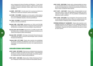 106
CARTILHADAACESSIBILIDADEANEXOIII-LEGISLAÇÃO
107
ANEXOIII-LEGISLAÇÃOCARTILHADAACESSIBILIDADE
LEI Nº 13.070 – 20/07/2004 - Dispõe sobre a obrigatoriedade de criarem-
se nas instituições bancárias, caixas eletrônicos, portas especiais e ram-
pas de acesso apropriadas ao uso de pessoas portadoras de deficiência
física e visual, no Estado de Santa Catarina.
LEI Nº 13.971 – 26/01/2007 - Dispõe sobre a obrigatoriedade de sinali-
zação tátil, sonora e visual, nas dependências dos prédios de funcio-
namento de órgãos estaduais, a fim de possibilitar acessibilidade aos
deficientes visuais e auditivos.
LEI Nº 12.920 – 23/01/2004 - Torna obrigatório o fornecimento de cadei-
ras de rodas para deficientes físicos e idosos em estabelecimentos cen-
trais de compras e shopping centers no Estado de Santa Catarina.
PORTARIA ESTADUAL N° 16/2006/SED – Dispõe sobre requisitos à aces-
sibilidade da pessoa com deficiência ou com mobilidade reduzida aos
estabelecimentos de ensino, públicos e privados, de todos os níveis e
modalidades, integrantes do Sistema Estadual de Educação do Estado
de Santa Catarina.
para a Integração da Pessoa Portadora de Deficiência – Corde institui
a tutela jurisdicional de interesses coletivos ou difusos dessas pessoas,
disciplina a atuação do Ministério Público, define crimes, e dá outras
providências.
Lei 8.899 – 29/07/1994 - Concede passe livre às pessoas portadoras de
deficiência no sistema de transporte coletivo interestadual.
Lei 10.098 – 19/12/2000 - Estabelece as normas gerais e critérios básicos
para a promoção de acessibilidade das pessoas portadoras de deficiên-
cia ou com mobilidade reduzida, e dá outras providências.
Lei 1.048 – 8/12/2000 - Dá prioridade de atendimento às pessoas que es-
pecifica, e dá outras providências.
Decreto 3.298 – 20/12/1999 - Regulamenta a Lei 7.853, de 24/10/1989,
dispõe sobre a Política Nacional para a Integração da Pessoa Portadora
de Deficiência, consolida as normas de proteção, e dá providências.
Decreto 3.691, DE 19/12/2000 - Regulamenta a Lei 8.899, de 29/07/1994,
que dispõe sobre o transporte de pessoas portadoras de deficiência no
sistema de transporte coletivo interestadual.
Decreto 3.956 – 8/10/2001 - Promulga a Convenção Interamericana para
a Eliminação de Todas as Formas de Discriminação contra as Pessoas
Portadoras de Deficiência.
Portaria 3.284 – 07/11/2003 - Dispõe sobre requisitos de acessibilidade
de pessoas portadoras de deficiências, para instruir os processos de
autorização e de reconhecimento de cursos e de credenciamento de
instituições.
LEGISLAÇÃO ESTADUAL (SANTA CATARINA)
LEI Nº 12.698 – 29/10/2003 - Determina aos estabelecimentos bancários
situados no território do Estado de Santa Catarina, a disponibilização
de assentos nas filas especiais para aposentados, pensionistas, gestan-
tes e deficientes físicos, e adota outras providências.
LEI Nº 12.870 – 12/01/2004 - Dispõe sobre a Política Estadual para Promo-
ção e Integração Social da Pessoa Portadora de Necessidades Especiais.
 