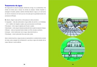 18 19
Tratamento da água
1. A água entra na casa de captação, retirada de um lago, rio ou subterrânea, e flui
através de túneis para o tanque de entrada da estação. Grades impedem a
passagem de peixes, plantas e detritos. Bombas elevam a água a um nível acima
do nível do manancial, de modo que ela corra pela ação da gravidade através dos
processos de filtração.
2. Depois, chega à casa química, onde passa por vários processos:
• coagulação - onde são adicionados à água sulfato de alumínio e cal hidratada,
com o objetivo de coagular a sujeira, para que ela possa ser eliminada;
• floculação - onde a água é agitada para flocular a sujeira;
• decantação - onde a água é deixada parada até toda a sujeira se separar da água;
• filtração - onde as impurezas ficarão retidas num filtro de areia e antracito;
• cloração - onde é adicionado cloro à água, descontaminando-a;
• fluoretação - onde é adicionado flúor para evitar cáries.
Após a casa da química, a água vai para os reservatórios e, posteriormente, através
de túneis, para a estação de bombeamento, que lança a água sob pressão até as
casas, fábricas e outros edifícios.
 