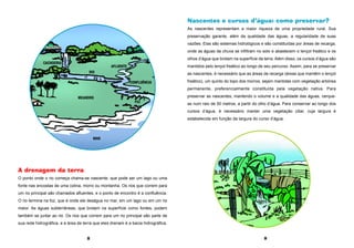 8 9
A drenagem da terra
O ponto onde o rio começa chama-se nascente, que pode ser um lago ou uma
fonte nas encostas de uma colina, morro ou montanha. Os rios que correm para
um rio principal são chamados afluentes, e o ponto de encontro é a confluência.
O rio termina na foz, que é onde ele deságua no mar, em um lago ou em um rio
maior. As águas subterrâneas, que brotam na superfície como fontes, podem
também se juntar ao rio. Os rios que correm para um rio principal são parte de
sua rede hidrográfica, e a área de terra que eles drenam é a bacia hidrográfica.
Nascentes e cursos d’água: como preservar?
As nascentes representam a maior riqueza de uma propriedade rural. Sua
preservação garante, além da qualidade das águas, a regularidade de suas
vazões. Elas são sistemas hidrológicos e são constituídas por áreas de recarga,
onde as águas da chuva se infiltram no solo e abastecem o lençol freático e os
olhos d’água que brotam na superfície da terra. Além disso, os cursos d’água são
mantidos pelo lençol freático ao longo de seu percurso. Assim, para se preservar
as nascentes, é necessário que as áreas de recarga (áreas que mantêm o lençol
freático), um quinto do topo dos morros, sejam mantidas com vegetação arbórea
permanente, preferencialmente constituída pela vegetação nativa. Para
preservar as nascentes, mantendo o volume e a qualidade das águas, cerque-
as num raio de 50 metros, a partir do olho d’água. Para conservar ao longo dos
cursos d’água, é necessário manter uma vegetação ciliar, cuja largura é
estabelecida em função da largura do curso d’água.
NASCENTENASCENTE
MAR
CACHOEIRA
MEANDRO
AFLUENTE
CONFLUÊNCIA
RIO
FOZ
 