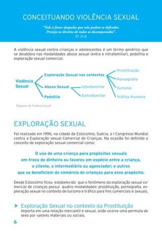 6
CONCEITUANDO VIOLÊNCIA SEXUAL
“Fale a favor daqueles que não podem se defender.
Proteja os direitos de todos os desamparados”.
Pv 31:8
A violência sexual contra crianças e adolescentes é um termo genérico que
se desdobra nas modalidades abuso sexual (extra e intrafamiliar), pedofilia e
exploração sexual comercial.
Violência
Sexual
Exploração Sexual nos contextos
Prostituição
Pornografia
Abuso Sexual Intrafamiliar Turismo
Pedofilia Extrafamiliar Tráfico Humano
Diagrama da Violência Sexual
EXPLORAÇÃO SEXUAL
Foi realizado em 1996, na cidade de Estocolmo, Suécia, o I Congresso Mundial
contra a Exploração sexual Comercial de Crianças. Na ocasião foi definido o
conceito de exploração sexual comercial como:
O uso de uma criança para propósitos sexuais
em troca de dinheiro ou favores em espécie entre a criança,
o cliente, o intermediário ou agenciador; e outros
que se beneficiem do comércio de crianças para esse propósito.
Desde Estocolmo ficou estabelecido que o fenômeno da exploração sexual co-
mercial de crianças possui quatro modalidades: prostituição, pornografia, ex-
ploração sexual no contexto de turismo e tráfico para fins comerciais e sexuais.
hh Exploração Sexual no contexto da Prostituição
Importa em uma relação mercantil e sexual, onde ocorre uma permuta de
sexo por valores materiais ou sociais.
 