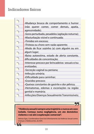 10
Indicadores físicos
•Mudança brusca de comportamento e humor
(não querer comer, comer demais, apatia,
agressividade);
•Sono perturbado, pesadelos (agitação noturna);
•Masturbação visível e continuada;
•Timidez em excesso;
•Tristeza ou choro sem razão aparente;
•Medo de ficar sozinho (a) com alguém ou em
algum lugar;
•Baixa autoestima, estado de alerta constante,
dificuldades de concentração;
•Interesse precoce por brincadeiras sexuais e/ou
erotizadas;
•Secreção vaginal ou peniana;
•Infecção urinária;
•Dificuldade para caminhar;
•Gravidez precoce;
•Queixas constantes de gastrite e dor pélvica;
•Hematomas, edemas e escoriações na região
genital e mamária;
•Infecções/Doenças SexualmenteTransmissíveis;
“Violênciasexualésempreumatrajetória enuncaumcaso
isolado. Começa numa negligência, um ato doméstico
violento e vai até à exploração comercial”.
Heloiza Egas, Coordenadora-Geral de Enfrentamento da Violência Sexual contra
Crianças e Adolescentes, da SDH.
 