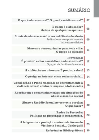 SUMÁRIO
O que é abuso sexual? O que é assédio sexual?
E quem é o abusador?
Acima de qualquer suspeita...
Sinais de abuso e assédio sexual: Sinais de alerta
Indicadores comportamentais
Indicadores físicos
Marcas e consequências para toda vida:
O preço do silêncio
Prevenção:
É possível evitar o assédio e o abuso sexual?
O papel da família e da escola
A violência em números: É preciso saber!
O perigo na internet e nas redes sociais...
Conhecendo o Plano Nacional de enfrentamento à
violência sexual contra crianças e adolescentes
Abordagem e encaminhamentos em situações de
abuso e assédio sexual
Abuso e Assédio Sexual no contexto escolar:
O que fazer?
Redes de Proteção:
Políticas de prevenção e atendimento.
A lei garante a proteção contra toda forma de
Violência Sexual... Conheça!!!
07
08
09
11
12
13
14
16
18
20
22
25
Referências Bibliográficas 30
 