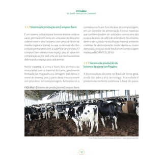 PECUÁRIA
DE BAIXA EMISSÃO DE CARBONO
12
1.1.2SistemadeproduçãoemCompostBarn
É um sistema utilizado para bovinos leiteiros onde as
vacas permanecem livres em uma área de descanso
coletiva onde o piso é coberto com cerca de 30 cm de
matéria orgânica (cama), ou seja, os animais não têm
contato permanente com a superfície de concreto. O
compost barn oferece mais espaço para as vacas em
comparaçãoaofreestall,umavezquenãohádivisórias
delimitandooespaçoparacadaanimal.
Neste sistema, a urina e fezes dos animais são
misturadas com o material da cama, geralmente
formada por maravalha ou serragem. Daí deriva o
nome do sistema, pois, a partir dessa mistura ocorre
um processo de compostagem. Bebedouros e
comedouros ficam fora da área de compostagem,
em um corredor de alimentação. Outros materiais
que também podem ser utilizados como cama são
a casca de arroz, de café e de amendoim. No entanto,
deve-se ter cuidado na escolha do material, evitando
materiais de decomposição muito rápida ou muito
demorada, pois isso pode resultar em compostagem
inadequada(SANTOS,2016).
1.1.3Sistemadeproduçãode
bovinosdecorteconfinados
A bovinocultura de corte no Brasil, de forma geral,
ainda não adota alta tecnologia. A atividade é
predominantemente extensiva, à base de pasto,
FIGURA2|SistemadeproduçãoemCompostBarn.
Fonte:ProjetoPecuáriadeBaixaEmissãodeCarbono–SekitaAgropecuária/MG.
 