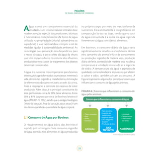 20
PECUÁRIA
DE BAIXA EMISSÃO DE CARBONO
Aágua como um componente essencial da
atividade e um recurso natural limitado deve
receber atenção especial dos produtores, técnicos
e funcionários. Independente da fonte de água
utilizada na propriedade (pluvial, subterrânea ou
superficial) o uso racional deve compor o rol de
medidas ligadas à sustentabilidade ambiental. As
tecnologias para prevenção dos desperdícios, para
o reuso da água, e para coleta da água da chuva
que têm impacto direto no volume dos efluentes
produzidos e nos custos de tratamento dos dejetos
devemserconsideradas.
A água é o nutriente mais importante para bovinos
leiteiros, pois age sobre todos os processos inerentes à
vida, dentre eles digestão e metabolismo, eliminação
de elementos não aproveitáveis através da urina,
fezes e respiração e controle do excesso de calor
produzido. Além disso, é o principal constituinte do
leite, perfazendo cerca de 90% desse alimento. Entre
56% a 81% do peso corporal de bovinos leiteiros é
água (MURPHY, 1992), sendo que o estágio fisiológico
(início da lactação, final da lactação, vacas secas) é um
dosfatoresqueafetaaquantidadedeáguacorporal.
2.1ConsumodeÁguaporBovinos
O requerimento de água diária dos bovinos é
suprido por três origens: livre consumo; ingestão
de água contida nos alimentos e; água produzida
no próprio corpo por meio do metabolismo de
nutrientes. Esta última fonte é insignificante em
comparação às outras duas, sendo que o total
de água consumida é a soma da água ingerida
livremente e da água contida nos alimentos.
Em bovinos, o consumo diário de água varia
significativamente devido a vários fatores, dentre
eles: tamanho do animal e fase de crescimento
ou produção, ingestão de matéria seca, produção
diária de leite, conteúdo de matéria seca na dieta,
temperatura e umidade relativa do ar e ingestão
de sódio. A temperatura da água e aspectos de
qualidade, como salinidade e impurezas, que afetem
o sabor e odor, também afetam o consumo. A
Figura 6 apresenta alguns dos principais fatores que
influenciamoconsumodeáguapelosanimais.
FIGURA6| Fatoresqueinfluenciamoconsumode
águapelosanimais.
Fonte:AdaptadodePalhares(2013).
• Tipo e tamanho
• Peso
• Idade
• Genética
• Umidade
• Temperatura
• Velocidade
do vento
• Tipo de dieta
• Ingestão de	
matéria seca
• Ingestão de sal
• Taxa de ganho
de peso
• Produção de leite
Fatoresqueinfluenciamoconsumodeágua
ANIMAL AMBIENTAISZOO
TÉCNICOS
 