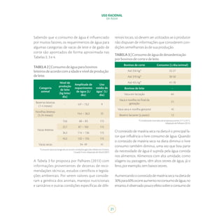 21
USO RACIONAL
DA ÁGUA
Sabendo que o consumo de água é influenciado
por muitos fatores, os requerimentos de água para
algumas categorias de vacas de leite e de gado de
corte são apontados de forma aproximada nas
Tabelas 2, 3 e 4.
A Tabela 3 foi proposta por Palhares (2013) com
informações provenientes de dezenas de reco-
mendações técnicas, estudos científicos e legisla-
ções ambientais. Por serem valores que conside-
ram a genética dos animais, manejos nutricionais
e sanitários e outras condições específicas de dife-
rentes locais, só devem ser utilizados se o produtor
não dispuser de informações que considerem con-
dições semelhantes às de sua produção.
O conteúdo de matéria seca na dieta é o principal fa-
tor que influência o livre consumo de água. Quando
o conteúdo de matéria seca na dieta diminui o livre
consumo também diminui, uma vez que boa parte
da necessidade de água é suprida pela água contida
nos alimentos. Alimentos com alta umidade, como
silagens ou pastagens, têm altos teores de água, já o
feno,porexemplo,tembaixosteores.
Aumentandooconteúdodematériasecanadietade
30%para60%ocorreaumentonoconsumodeágua,no
entanto,éobservadopoucoefeitosobreoconsumode
TABELA2|Consumodeáguaparabovinos
leiteirosdeacordocomaidadeeníveldeprodução
deleite.
Categoria
animal
Nível de
produção
de leite
(kg leite/
dia)
Amplitude de
requerimento
de água (L/
dia)
Uso
médio de
água*
(L/
dia)
Bezerras leiteiras
(1-4 meses)
- 4,9 – 13,2 9
Novilhas leiteiras
(5-24 meses)
- 14,4 – 36,3 25
Vacas leiteiras
13,6 68 – 83 115
22,7 87 – 102 115
36,3 114 – 136 115
45,5 132 – 155 115
Vacas secas - 34- 49 41
*ConsumotípicoaolongodeumanoemcondiçõesagrícolasmédiasemOntário,
Canadá.Fonte:AdaptadodeWard(2007)
TABELA3|Consumodeáguadedessedentação
porbovinosdecorteedeleite.
Bovinos de corte Consumo (L/dia/animal)
Até 250 kg* 22-27
Até 370 kg* 30-50
Até 455 kg* 41-78
Bovinos de leite -
Vaca em lactação 64
Vaca e novilha no final da
gestação
51
Vaca seca e novilha gestante 45
Bezerro lactante (a pasto) 12
*Considerandointervalosdetemperaturaentre21°Ce32°C.
AdaptadodePalhares(2013).
 
