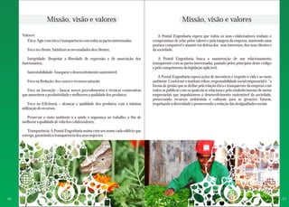 Missão, visão e valores Missão, visão e valores 
A Pontal Engenharia espera que todos os seus colaboradores tenham o 
compromisso de zelar pelos valores e pela imagem da empresa, mantendo uma 
postura compatível e atuante em defesa dos seus interesses, dos seus clientes e 
da sociedade; 
A Pontal Engenharia busca a manutenção de um relacionamento 
transparente com as partes interessadas, pautado pelos princípios deste código 
e pelo cumprimento da legislação aplicável; 
A Pontal Engenharia espera ações de incentivos e respeito à vida e ao meio 
ambiente. Conforme o instituto ethos, responsabilidade social empresarial é: “a 
forma de gestão que se define pela relação ética e transparente da empresa com 
todos os públicos com os quais ela se relaciona e pelo estabelecimento de metas 
empresariais que impulsionem o desenvolvimento sustentável da sociedade, 
preservando recursos ambientais e culturais para as gerações futuras, 
respeitando a diversidade e promovendo a redução das desigualdades sociais 
Valores 
Ética: Agir com ética e transparência com todas as partes interessadas; 
Foco no cliente: Satisfazer as necessidades dos clientes; 
Integridade: Respeitar a liberdade de expressão e de associação dos 
funcionários; 
Sustentabilidade: Assegurar o desenvolvimento sustentável; 
Foco na Redução: dos custos e recursos naturais; 
Foco na Inovação – buscar novos procedimentos e técnicas construtivas 
que aumentem a produtividade e melhorem a qualidade dos produtos; 
Foco na Eficiência – alcançar a qualidade dos produtos com a mínima 
utilização de recursos; 
Preservar o meio ambiente e a saúde e segurança no trabalho, a fim de 
melhorar a qualidade de vida dos colaboradores; 
Transparência: A Pontal Engenharia assina com seu nome cada edifício que 
entrega, garantindo a transparência dos seus negócios. 
06 07 
 