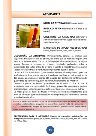 13
NOME DA ATIVIDADE: Oficina de sucos.
PÚBLICO ALVO: Escolares (6 a 9 anos e 11
meses).
OBJETIVOS DA ATIVIDADE: Estimular o
aumento do consumo de sucos naturais no dia-
a-dia das crianças.
MATERIAIS DE APOIO NECESSÁRIOS:
Frutas, liquidificador, faca, açúcar, copos.
DESCRIÇÃO DA ATIVIDADE: Primeiramente, solicitar às crianças que
traga uma fruta para o dia da oficina, de forma que as meninas tragam uma
fruta e os meninos outra. Os sucos serão preparados com o auxílio de alguns
alunos. Durante o preparo, as crianças receberão explicações sobre a
higienização das frutas antes do preparo e quanto à importância de consumir
sucos naturais de frutas e verduras exemplificando algumas delas:
Laranja – é rica em vitamina C, um nutriente essencial ao organismo, pois sua
ausência pode levar a uma doença (Escorbuto) que leva ao enfraquecimento
dos ossos e gengivas, provocando até a queda dos dentes. Ela contém grande
quantidade de fibras que ajudam no bom funcionamento do intestino.
Cenoura – possui excelentes quantidades de vitamina C, k e A, que é
importante para proteger a visão de doenças graves. Na sua carência, podem
aparecer alguns sintomas, como, a pele seca, fissura nos lábios, entre outras.
De modo geral, os sucos de frutas e verduras são bebidas importantes, pois
além de fornecer água e nutrientes para o corpo eles possuem baixas calorias
quando não adoçados.
REFERÊNCIAS PARA A ATIVIDADE (fontes de conteúdo, publicações ou
sites):http://www.codeagro.sp.gov.br/cesans/manuais/Manual_de_sucos_web.pdf Acesso
em 22 Fev. 2015.
ATIVIDADE 9
Suco é a bebida não diluída, obtida da fruta madura ou parte do vegetal de origem,
submetida a tratamento que assegure a sua apresentação e conservação até o consumo;
Refresco é obtido pela diluição, em água, do suco de fruta, polpa ou extrato vegetal de sua
origem, com ou sem açúcar.
 