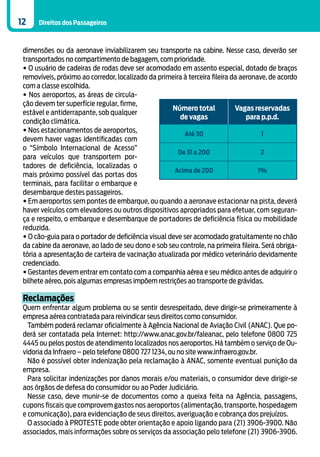 12    Direitos dos Passageiros



 dimensões ou da aeronave inviabilizarem seu transporte na cabine. Nesse caso, deverão ser
 transportados no compartimento de bagagem, com prioridade.
 • O usuário de cadeiras de rodas deve ser acomodado em assento especial, dotado de braços
 removíveis, próximo ao corredor, localizado da primeira à terceira fileira da aeronave, de acordo
 com a classe escolhida.
 • Nos aeroportos, as áreas de circula-
 ção devem ter superfície regular, firme,
                                                     Número total            Vagas reservadas
 estável e antiderrapante, sob qualquer
                                                       de vagas                  para p.p.d.
 condição climática.
 • Nos estacionamentos de aeroportos,                    Até 30                       1
 devem haver vagas identificadas com
 o “Símbolo Internacional de Acesso”
                                                       De 31 a 200                    2
 para veículos que transportem por-
 tadores de deficiência, localizadas o
                                                      Acima de 200                   1%
 mais próximo possível das portas dos
 terminais, para facilitar o embarque e
 desembarque destes passageiros.
 • Em aeroportos sem pontes de embarque, ou quando a aeronave estacionar na pista, deverá
 haver veículos com elevadores ou outros dispositivos apropriados para efetuar, com seguran-
 ça e respeito, o embarque e desembarque de portadores de deficiência física ou mobilidade
 reduzida.
 • O cão-guia para o portador de deficiência visual deve ser acomodado gratuitamente no chão
 da cabine da aeronave, ao lado de seu dono e sob seu controle, na primeira fileira. Será obriga-
 tória a apresentação de carteira de vacinação atualizada por médico veterinário devidamente
 credenciado.
 • Gestantes devem entrar em contato com a companhia aérea e seu médico antes de adquirir o
 bilhete aéreo, pois algumas empresas impõem restrições ao transporte de grávidas.

 Reclamações
 Quem enfrentar algum problema ou se sentir desrespeitado, deve dirigir-se primeiramente à
 empresa aérea contratada para reivindicar seus direitos como consumidor.
   Também poderá reclamar oficialmente à Agência Nacional de Aviação Civil (ANAC). Que po-
 derá ser contatada pela Internet: http://www.anac.gov.br/faleanac, pelo telefone 0800 725
 4445 ou pelos postos de atendimento localizados nos aeroportos. Há também o serviço de Ou-
 vidoria da Infraero – pelo telefone 0800 727 1234, ou no site www.infraero.gov.br.
   Não é possível obter indenização pela reclamação à ANAC, somente eventual punição da
 empresa.
   Para solicitar indenizações por danos morais e/ou materiais, o consumidor deve dirigir-se
 aos órgãos de defesa do consumidor ou ao Poder Judiciário.
   Nesse caso, deve munir-se de documentos como a queixa feita na Agência, passagens,
 cupons fiscais que comprovem gastos nos aeroportos (alimentação, transporte, hospedagem
 e comunicação), para evidenciação de seus direitos, averiguação e cobrança dos prejuízos.
   O associado à PROTESTE pode obter orientação e apoio ligando para (21) 3906-3900. Não
 associados, mais informações sobre os serviços da associação pelo telefone (21) 3906-3906.
 