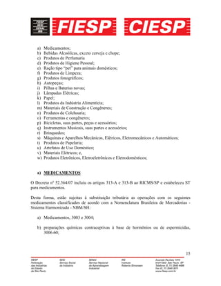 15
a) Medicamentos;
b) Bebidas Alcoólicas, exceto cerveja e chope;
c) Produtos de Perfumaria
d) Produtos de Higiene Pessoal;
e) Ração tipo “pet” para animais domésticos;
f) Produtos de Limpeza;
g) Produtos fonográficos;
h) Autopeças;
i) Pilhas e Baterias novas;
j) Lâmpadas Elétricas;
k) Papel;
l) Produtos da Indústria Alimentícia;
m) Materiais de Construção e Congêneres;
n) Produtos de Colchoaria;
o) Ferramentas e congêneres;
p) Bicicletas, suas partes, peças e acessórios;
q) Instrumentos Musicais, suas partes e acessórios;
r) Brinquedos;
s) Máquinas e Aparelhos Mecânicos, Elétricos, Eletromecânicos e Automáticos;
t) Produtos de Papelaria;
u) Artefatos de Uso Doméstico;
v) Materiais Elétricos; e,
w) Produtos Eletrônicos, Eletroeletrônicos e Eletrodomésticos;
a) MEDICAMENTOS
O Decreto nº 52.364/07 incluiu os artigos 313-A e 313-B ao RICMS/SP e estabeleceu ST
para medicamentos.
Desta forma, estão sujeitas à substituição tributária as operações com os seguintes
medicamentos classificados de acordo com a Nomenclatura Brasileira de Mercadorias -
Sistema Harmonizado - NBM/SH:
a) Medicamentos, 3003 e 3004;
b) preparações químicas contraceptivas à base de hormônios ou de espermicidas,
3006.60;
 