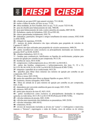 29
18 - cilindro de aço para GNV (gás natural veicular), 7311.00.00;
19 - molas e folhas de molas, de ferro ou aço, 73.20;
20 - obras moldadas, de ferro fundido, ferro ou aço, 73.25, exceto 7325.91.00;
21 - peso de chumbo para balanceamento de roda, 7806.00;
22 - peso para balanceamento de roda e outros utensílios de estanho, 8007.00.90;
23 - fechaduras e partes de fechaduras, 8301.20 ou 8301.60;
24 - chaves apresentadas isoladamente, 8301.70;
25 - dobradiças, guarnições, ferragens e artigos semelhantes de metais comuns, 8302.10.00
ou 8302.30.00;
26 - triângulo de segurança, 8310.00;
27 - motores de pistão alternativo dos tipos utilizados para propulsão de veículos do
Capítulo 87, 8407.3;
28 - motores dos tipos utilizados para propulsão de veículos automotores, 8408.20;
29 - partes reconhecíveis como exclusiva ou principalmente destinadas aos motores das
posições 84.07 ou 84.08, 84.09.9;
30 - cilindros hidráulicos, 8412.21.10;
31 - bombas para combustíveis, lubrificantes ou líquidos de arrefecimento, próprias para
motores de ignição por centelha ou por compressão, 84.13.30;
32 - bombas de vácuo, 8414.10.00;
33 - compressores e turbocompressores de ar, 8414.80.1 ou 8414.80.2;
34 - partes das bombas, compressores e turbocompressores dos itens 31, 32 e 33,
84.13.91.90, 84.14.90.10, 84.14.90.3 ou 8414.90.39 (Protocolo ICMS-72/08);
35 - máquinas e aparelhos de ar condicionado, 8415.20;
36 - aparelhos para filtrar óleos minerais nos motores de ignição por centelha ou por
compressão, 8421.23.00;
37 - filtros a vácuo, 8421.29.90;
38 - partes dos aparelhos para filtrar ou depurar líquidos ou gases, 8421.9;
39 - extintores, mesmo carregados, 8424.10.00;
40 - filtros de entrada de ar para motores de ignição por centelha ou por compressão,
8421.31.00;
41 - depuradores por conversão catalítica de gases de escape, 8421.39.20;
42 - macacos, 8425.42.00;
43 - partes para macacos do item 42, 8431.1010;
44 - partes reconhecíveis como exclusiva ou principalmente destinadas às máquinas
agrícolas ou rodoviárias, 84.31.49.2 ou 84.33.90.90 (Protocolo ICMS-72/08);
45 - válvulas redutoras de pressão, 8481.10.00;
46 - válvulas para transmissão óleo-hidráulicas ou pneumáticas, 8481.20.90;
47 - válvulas solenóides, 8481.80.92;
48 - rolamentos, 84.82;
49 - árvores de transmissão (incluídas as árvores de “cames” e virabrequins) e manivelas;
mancais e “bronzes”; engrenagens e rodas de fricção; eixos de esferas ou de roletes;
 