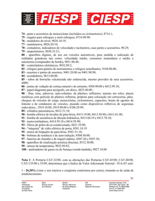 31
74 - parte e acessórios de motocicletas (incluídos os ciclomotores), 8714.1;
75 - engates para reboques e semi-reboques, 8716.90.90;
76 - medidores de nível, 9026.10.19;
77 - manômetros, 9026.20.10;
78 - contadores, indicadores de velocidade e tacômetros, suas partes e acessórios, 90.29;
79 - amperímetros, 9030.33.21;
80 - aparelhos digitais, de uso em veículos automóveis, para medida e indicação de
múltiplas grandezas tais como: velocidade média, consumos instantâneo e médio e
autonomia (computador de bordo), 9031.80.40;
81 - controladores eletrônicos, 9032.89.2;
82 - relógios para painéis de instrumentos e relógios semelhantes, 9104.00.00;
83 - assentos e partes de assentos, 9401.20.00 ou 9401.90.90;
84 - acendedores, 9613.80.00.
85 - tubos de borracha vulcanizada não endurecida, mesmo providos de seus acessórios,
4009;
86 - juntas de vedação de cortiça natural e de amianto, 4504.90.00 e 6812.99.10;
87 - papel-diagrama para tacógrafo, em disco, 4823.40.00 ;
88 - fitas, tiras, adesivos, auto-colantes, de plástico, refletores, mesmo em rolos; placas
metálicas com película de plástico refletora, próprias para colocação em carrocerias, pára-
choques de veículos de carga, motocicletas, ciclomotores, capacetes, bonés de agentes de
trânsito e de condutores de veículos, atuando como dispositivos refletivos de segurança
rodoviários., 3919.10.00, 3919.90.00 e 8708.29.99;
89 - cilindros pneumáticos, 8412.31.10;
90 - bomba elétrica de lavador de pára-brisa, 8413.19.00, 8413.50.90 e 8413.81.00;
91 - bomba de assistência de direção hidráulica, 8413.60.19 e 8413.70.10;
92 - motoventiladores, 8414.59.10 e 8414.59.90;
93 - filtros de pólen do ar-condicionado, 8421.39.90;
94 - “máquina” de vidro elétrico de porta, 8501.10.19
95 - motor de limpador de para-brisa, 8501.31.10;
96 - bobinas de reatância e de auto-indução, 8504.50.00;
97 - baterias de chumbo e de níquel-cádmio, 8507.20 e 8507.30;
98 - aparelhos de sinalização acústica (buzina), 8512.30.00;
99 - sensor de temperatura, 9032.89.82;
100 - analisadores de gases ou de fumaça (sonda lambda), 9027.10.00.
Nota 1: A Portaria CAT-32/08, com as alterações das Portarias CAT-45/08, CAT-48/08,
CAT-135/08 e 35/09, determinou que o Índice de Valor Adicionado Setorial - IVA-ST será:
1 - 26,50% (vinte e seis inteiros e cinqüenta centésimos por cento), tratando-se de saída de
estabelecimento:
 