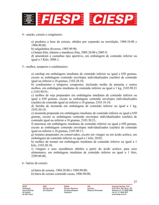 37
4 - snacks, cereais e congêneres:
a) produtos a base de cereais, obtidos por expansão ou torrefação, 1904.10.00 e
1904.90.00;
b) salgadinhos diversos, 1905.90.90;
c) batata frita, inhame e mandioca frita, 2005.20.00 e 2005.9;
d) amendoim e castanhas tipo aperitivo, em embalagem de conteúdo inferior ou
igual a 1 Kilo, 2008.1;
5 - molhos, temperos e condimentos:
a) catchup em embalagens imediatas de conteúdo inferior ou igual a 650 gramas,
exceto as embalagens contendo envelopes individualizados (sachês) de conteúdo
igual ou inferior a 10 gramas, 2103.20.10;
b) condimentos e temperos compostos, incluindo molho de pimenta e outros
molhos, em embalagens imediatas de conteúdo inferior ou igual a 1 kg, 2103.90.21
e 2103.90.91;
c) molhos de soja preparados em embalagens imediatas de conteúdo inferior ou
igual a 650 gramas, exceto as embalagens contendo envelopes individualizados
(sachês) de conteúdo igual ou inferior a 10 gramas, 2103.10.10;
d) farinha de mostarda em embalagens de conteúdo inferior ou igual a 1 kg,
2103.30.10;
e) mostarda preparada em embalagens imediatas de conteúdo inferior ou igual a 650
gramas, exceto as embalagens contendo envelopes individualizados (sachês) de
conteúdo igual ou inferior a 10 gramas, 2103.30.21;
f) maionese em embalagens imediatas de conteúdo inferior ou igual a 650 gramas,
exceto as embalagens contendo envelopes individualizados (sachês) de conteúdo
igual ou inferior a 10 gramas, 2103.90.11;
g) tomates preparados ou conservados, exceto em vinagre ou em ácido acético, em
embalagens de conteúdo inferior ou igual a 1 kilo, 20.02;
h) molhos de tomate em embalagens imediatas de conteúdo inferior ou igual a 1
kilo, 2103.20.10;
i) vinagres e seus sucedâneos obtidos a partir do ácido acético, para usos
alimentares, em embalagens imediatas de conteúdo inferior ou igual a 1 litro,
2209.00.00;
6 - barras de cereais:
a) barra de cereais, 1904.20.00 e 1904.90.00;
b) barra de cereais contendo cacau, 1806.90.00;
 