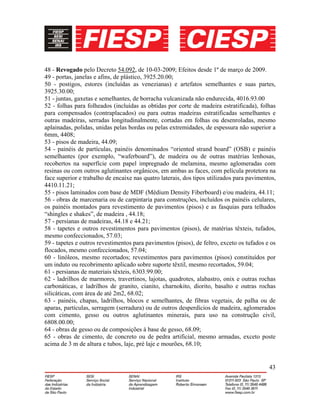 43
48 - Revogado pelo Decreto 54.092, de 10-03-2009; Efeitos desde 1º de março de 2009.
49 - portas, janelas e afins, de plástico, 3925.20.00;
50 - postigos, estores (incluídas as venezianas) e artefatos semelhantes e suas partes,
3925.30.00;
51 - juntas, gaxetas e semelhantes, de borracha vulcanizada não endurecida, 4016.93.00
52 - folhas para folheados (incluídas as obtidas por corte de madeira estratificada), folhas
para compensados (contraplacados) ou para outras madeiras estratificadas semelhantes e
outras madeiras, serradas longitudinalmente, cortadas em folhas ou desenroladas, mesmo
aplainadas, polidas, unidas pelas bordas ou pelas extremidades, de espessura não superior a
6mm, 4408;
53 - pisos de madeira, 44.09;
54 - painéis de partículas, painéis denominados “oriented strand board” (OSB) e painéis
semelhantes (por exemplo, “waferboard”), de madeira ou de outras matérias lenhosas,
recobertos na superfície com papel impregnado de melamina, mesmo aglomeradas com
resinas ou com outros aglutinantes orgânicos, em ambas as faces, com película protetora na
face superior e trabalho de encaixe nas quatro laterais, dos tipos utilizados para pavimentos,
4410.11.21;
55 - pisos laminados com base de MDF (Médium Density Fiberboard) e/ou madeira, 44.11;
56 - obras de marcenaria ou de carpintaria para construções, incluídos os painéis celulares,
os painéis montados para revestimento de pavimentos (pisos) e as fasquias para telhados
“shingles e shakes”, de madeira , 44.18;
57 - persianas de madeiras, 44.18 e 44.21;
58 - tapetes e outros revestimentos para pavimentos (pisos), de matérias têxteis, tufados,
mesmo confeccionados, 57.03;
59 - tapetes e outros revestimentos para pavimentos (pisos), de feltro, exceto os tufados e os
flocados, mesmo confeccionados, 57.04;
60 - linóleos, mesmo recortados; revestimentos para pavimentos (pisos) constituídos por
um induto ou recobrimento aplicado sobre suporte têxtil, mesmo recortados, 59.04;
61 - persianas de materiais têxteis, 6303.99.00;
62 - ladrilhos de marmores, travertinos, lajotas, quadrotes, alabastro, onix e outras rochas
carbonáticas, e ladrilhos de granito, cianito, charnokito, diorito, basalto e outras rochas
silicáticas, com área de até 2m2, 68.02;
63 - painéis, chapas, ladrilhos, blocos e semelhantes, de fibras vegetais, de palha ou de
aparas, partículas, serragem (serradura) ou de outros desperdícios de madeira, aglomerados
com cimento, gesso ou outros aglutinantes minerais, para uso na construção civil,
6808.00.00;
64 - obras de gesso ou de composições à base de gesso, 68.09;
65 - obras de cimento, de concreto ou de pedra artificial, mesmo armadas, exceto poste
acima de 3 m de altura e tubos, laje, pré laje e mourões, 68.10;
 