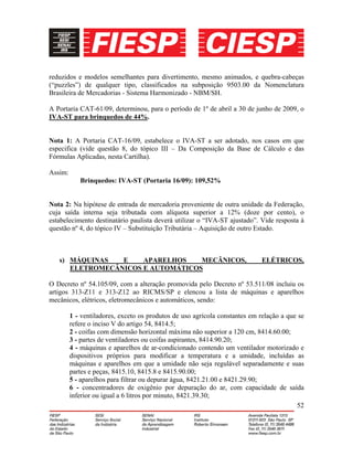 52
reduzidos e modelos semelhantes para divertimento, mesmo animados, e quebra-cabeças
(“puzzles”) de qualquer tipo, classificados na subposição 9503.00 da Nomenclatura
Brasileira de Mercadorias - Sistema Harmonizado - NBM/SH.
A Portaria CAT-61/09, determinou, para o período de 1º de abril a 30 de junho de 2009, o
IVA-ST para brinquedos de 44%.
Nota 1: A Portaria CAT-16/09, estabelece o IVA-ST a ser adotado, nos casos em que
especifica (vide questão 8, do tópico III – Da Composição da Base de Cálculo e das
Fórmulas Aplicadas, nesta Cartilha).
Assim:
Brinquedos: IVA-ST (Portaria 16/09): 109,52%
Nota 2: Na hipótese de entrada de mercadoria proveniente de outra unidade da Federação,
cuja saída interna seja tributada com alíquota superior a 12% (doze por cento), o
estabelecimento destinatário paulista deverá utilizar o “IVA-ST ajustado”. Vide resposta à
questão nº 4, do tópico IV – Substituição Tributária – Aquisição de outro Estado.
s) MÁQUINAS E APARELHOS MECÂNICOS, ELÉTRICOS,
ELETROMECÂNICOS E AUTOMÁTICOS
O Decreto nº 54.105/09, com a alteração promovida pelo Decreto nº 53.511/08 incluiu os
artigos 313-Z11 e 313-Z12 ao RICMS/SP e elencou a lista de máquinas e aparelhos
mecânicos, elétricos, eletromecânicos e automáticos, sendo:
1 - ventiladores, exceto os produtos de uso agrícola constantes em relação a que se
refere o inciso V do artigo 54, 8414.5;
2 - coifas com dimensão horizontal máxima não superior a 120 cm, 8414.60.00;
3 - partes de ventiladores ou coifas aspirantes, 8414.90.20;
4 - máquinas e aparelhos de ar-condicionado contendo um ventilador motorizado e
dispositivos próprios para modificar a temperatura e a umidade, incluídas as
máquinas e aparelhos em que a umidade não seja regulável separadamente e suas
partes e peças, 8415.10, 8415.8 e 8415.90.00;
5 - aparelhos para filtrar ou depurar água, 8421.21.00 e 8421.29.90;
6 - concentradores de oxigênio por depuração do ar, com capacidade de saída
inferior ou igual a 6 litros por minuto, 8421.39.30;
 