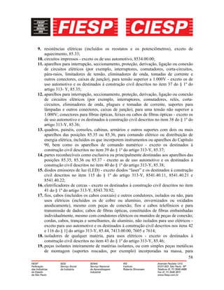 58
9. resistências elétricas (incluídos os reostatos e os potenciômetros), exceto de
aquecimento, 85.33;
10. circuitos impressos - exceto os de uso automotivo, 8534.00.00;
11. aparelhos para interrupção, seccionamento, proteção, derivação, ligação ou conexão
de circuitos elétricos (por exemplo, interruptores, comutadores, corta-circuitos,
pára-raios, limitadores de tensão, eliminadores de onda, tomadas de corrente e
outros conectores, caixas de junção), para tensão superior a 1.000V - exceto os de
uso automotivo e os destinados à construção civil descritos no item 37 do § 1º do
artigo 313- Y, 85.35;
12. aparelhos para interrupção, seccionamento, proteção, derivação, ligação ou conexão
de circuitos elétricos (por exemplo, interruptores, comutadores, relés, corta-
circuitos, eliminadores de onda, plugues e tomadas de corrente, suportes para
lâmpadas e outros conectores, caixas de junção), para uma tensão não superior a
1.000V; conectores para fibras ópticas, feixes ou cabos de fibras ópticas - exceto os
de uso automotivo e os destinados à construção civil descritos no item 38 do § 1º do
artigo 313-Y, 85.36;
13. quadros, painéis, consoles, cabinas, armários e outros suportes com dois ou mais
aparelhos das posições 85.35 ou 85.36, para comando elétrico ou distribuição de
energia elétrica, incluídos os que incorporem instrumentos ou aparelhos do Capítulo
90, bem como os aparelhos de comando numérico - exceto os destinados à
construção civil descritos no item 39 do § 1º do artigo 313-Y, 85.37;
14. partes reconhecíveis como exclusiva ou principalmente destinadas aos aparelhos das
posições 85.35, 85.36 ou 85.37 - exceto as de uso automotivo e os destinados à
construção civil descritos no item 40 do § 1º do artigo 313-Y, 85.38;
15. diodos emissores de luz (LED) - exceto diodos “laser” e os destinados à construção
civil descritos no item 115 do § 1º do artigo 313-Y, 8541.40.11, 8541.40.21 e
8541.40.22;
16. eletrificadores de cercas - exceto os destinados à construção civil descritos no item
41 do § 1º do artigo 313-Y, 8543.70.92;
17. fios, cabos (incluídos os cabos coaxiais) e outros condutores, isolados ou não, para
usos elétricos (incluídos os de cobre ou alumínio, envernizados ou oxidados
anodicamente), mesmo com peças de conexão; fios e cabos telefônicos e para
transmissão de dados; cabos de fibras ópticas, constituídos de fibras embainhadas
individualmente, mesmo com condutores elétricos ou munidos de peças de conexão;
cordas, cabos, tranças e semelhantes, de alumínio, não isolados para uso elétricos -
exceto para uso automotivo e os destinados à construção civil descritos nos itens 42
e 116 do § 1] do artigo 313-Y, 85.44, 7413.00.00, 7605 e 7614;
18. isoladores de qualquer matéria, para usos elétricos - exceto os destinados à
construção civil descritos no item 43 do § 1º do artigo 313-Y, 85.46;
19. peças isolantes inteiramente de matérias isolantes, ou com simples peças metálicas
de montagem (suportes roscados, por exemplo) incorporadas na massa, para
 