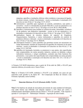 59
máquinas, aparelhos e instalações elétricas; tubos isoladores e suas peças de ligação,
de metais comuns, isolados interiormente - exceto os destinados à construção civil
descritos no item 44 do § 1º do artigo 313-Y, 85.47;
20. instrumentos e aparelhos para regulação ou controle, automáticos, suas partes e
acessórios - exceto os classificados na posição 9032.89.2, os de uso automotivo e os
produtos descritos no item 57 do § 1º do artigo 313-Z19, 90.32 e 9033.00.00;
21. aparelhos e instrumentos para medida ou controle da tensão, intensidade, resistência
ou da potência, sem dispositivo registrador - exceto os de uso automotivo e os
destinados à construção civil descritos no item 118 do § 1º do artigo 313-Y, 9030.3;
22. analisadores lógicos de circuitos digitais, de espectro de frequência,
frequencímetros, fasímetros, e outros instrumentos e aparelhos de controle de
grandezas elétricas e detecção - exceto os destinados à construção civil descritos no
item 119 do § 1º do artigo 313-Y, 9030.89;
23. interruptores horários e outros aparelhos que permitam acionar um mecanismo em
tempo determinado, munidos de maquinismo de aparelhos de relojoaria ou de motor
síncrono - exceto os destinados à construção civil descritos no item 46 do § 1º do
artigo 313-Y, 9107.00;
24. aparelhos de iluminação (incluídos os projetores) e suas partes, não especificados
nem compreendidos em outras posições; anúncios, cartazes ou tabuletas e placas
indicadoras luminosos, e artigos semelhantes, contendo uma fonte luminosa fixa
permanente, e suas partes não especificadas nem compreendidas em outras posições
- exceto os destinados à construção civil descritos nos itens 120, 121 e 122 do § 1º
do artigo 313-Y, 94.05.
A Portaria CAT-86/09 determinou, para a partir de 30 de abril de 2009, o IVA-ST para
materiais elétricos, de acordo com o Anexo Único.
Nota 1: A Portaria CAT-16/09, estabelece o IVA-ST a ser adotado, nos casos em que
especifica (vide questão 8, do tópico III – Da Composição da Base de Cálculo e das
Fórmulas Aplicadas, nesta Cartilha).
Assim:
Materiais Elétricos: IVA-ST (Portaria 16/09): 73,34%
Nota 2: Na hipótese de entrada de mercadoria proveniente de outra unidade da Federação,
cuja saída interna seja tributada com alíquota superior a 12% (doze por cento), o
estabelecimento destinatário paulista deverá utilizar o “IVA-ST ajustado”. Vide resposta à
questão nº 4, do tópico IV – Substituição Tributária – Aquisição de outro Estado.
 