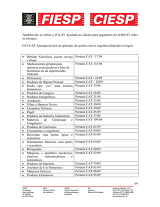 69
Também não se utiliza o IVA-ST Ajustado no cálculo para pagamento do ICMS-ST sobre
os estoques.
O IVA-ST Ajustado deverá ser aplicado, de acordo com os seguintes dispositivos legais:
• Bebidas Alcoólicas, exceto cerveja
e chope:
Portaria CAT - 17/09
• Medicamentos (preparações
químicas contraceptivas à base de
hormônios ou de espermicidas,
3006.60):
Portaria CAT-141/08
• Perfumaria: Portaria CAT - 24/09
• Produtos de Higiene Pessoal: Portaria CAT – 24/09
• Ração tipo “pet” para animais
domésticos:
Portaria CAT-33/08
• Produtos de Limpeza: Portaria CAT-26/08
• Produtos fonográficos: Portaria CAT-31/08
• Autopeças: Portaria CAT-32/08
• Pilhas e Baterias Novas: Portaria CAT-30/08
• Lâmpadas Elétricas: Portaria CAT-29/08
• Papel: Portaria CAT-85/09
• Produtos da Indústria Alimentícia: Portaria CAT-57/08
• Materiais de Construção e
Congêneres:
Portaria CAT-109/08
• Produtos de Colchoaria Portaria CAT-61/09
• Ferramentas e congêneres Portaria CAT-99/09
• Bicicletas, suas partes, peças e
acessórios
Portaria CAT-63/09
• Instrumentos Musicais, suas partes
e acessórios
Portaria CAT-64/09
• Brinquedos Portaria CAT-80/09
• Máquinas e aparelhos mecânicos,
elétricos, eletromecânicos e
automáticos
Portaria CAT-82/09
• Produtos de Papelaria Portaria CAT-79/09
• Artefatos de Uso Doméstico Portaria CAT-81/09
• Materiais Elétricos Portaria CAT-86/09
• Produtos Eletrônicos Portaria CAT-95/09
 